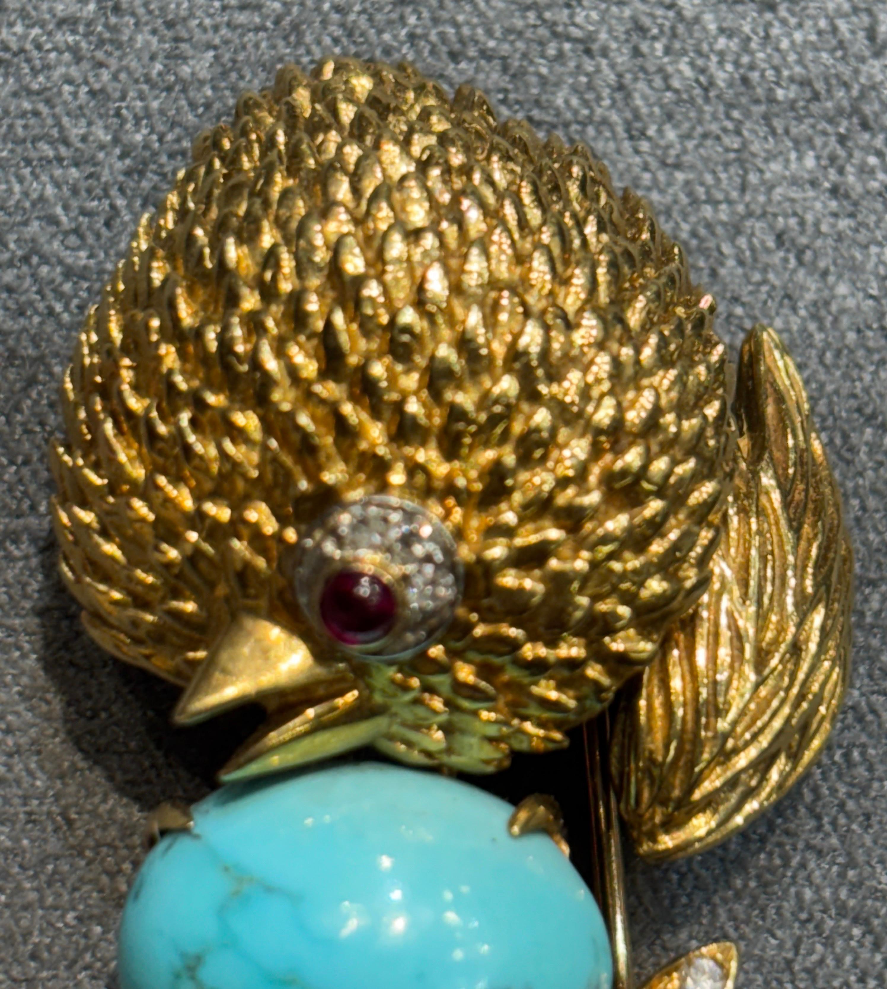 Cabochon VCA 1960s 18k gold, turquoise, ruby and diamond chick brooch For Sale