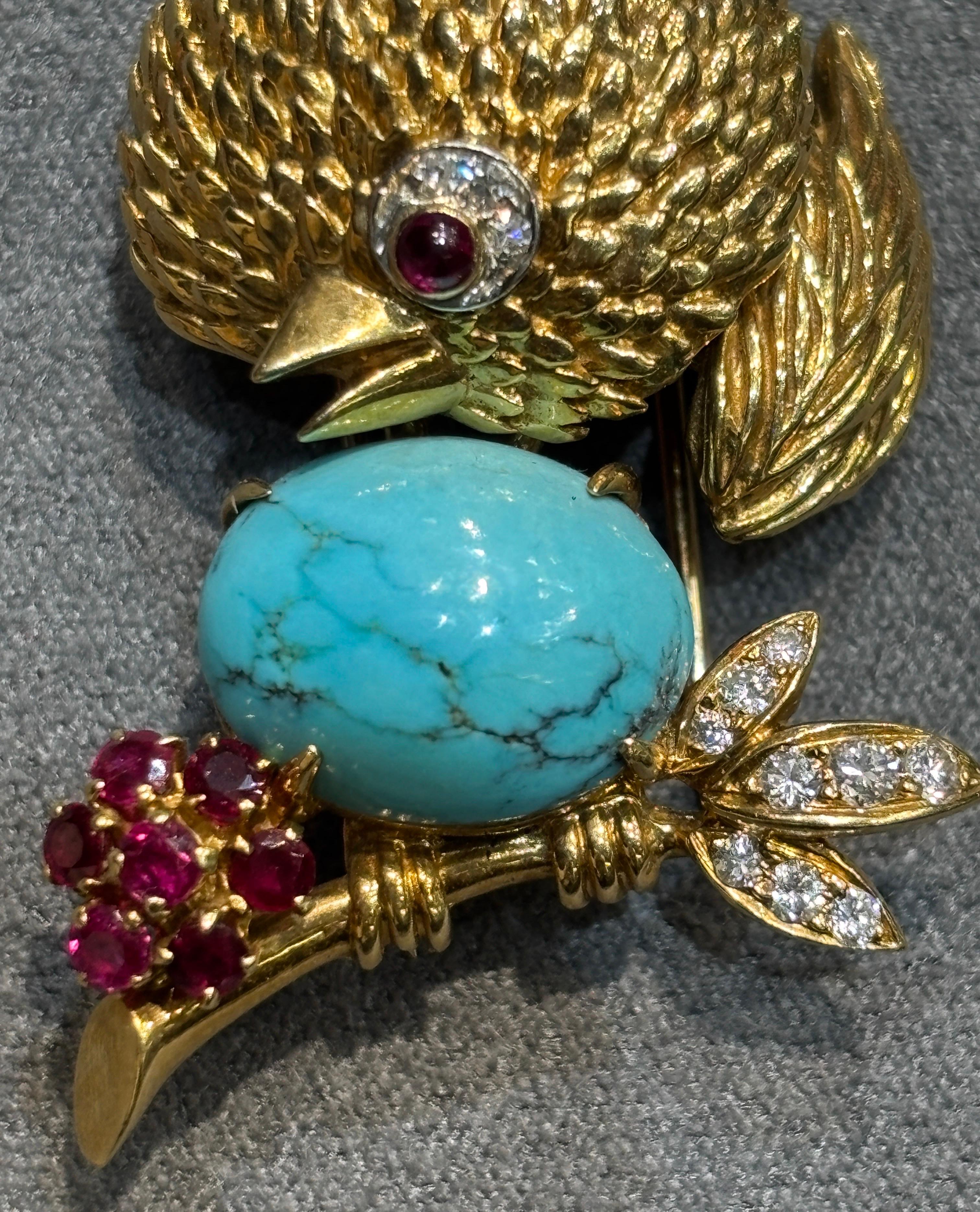 Women's or Men's VCA 1960s 18k gold, turquoise, ruby and diamond chick brooch For Sale