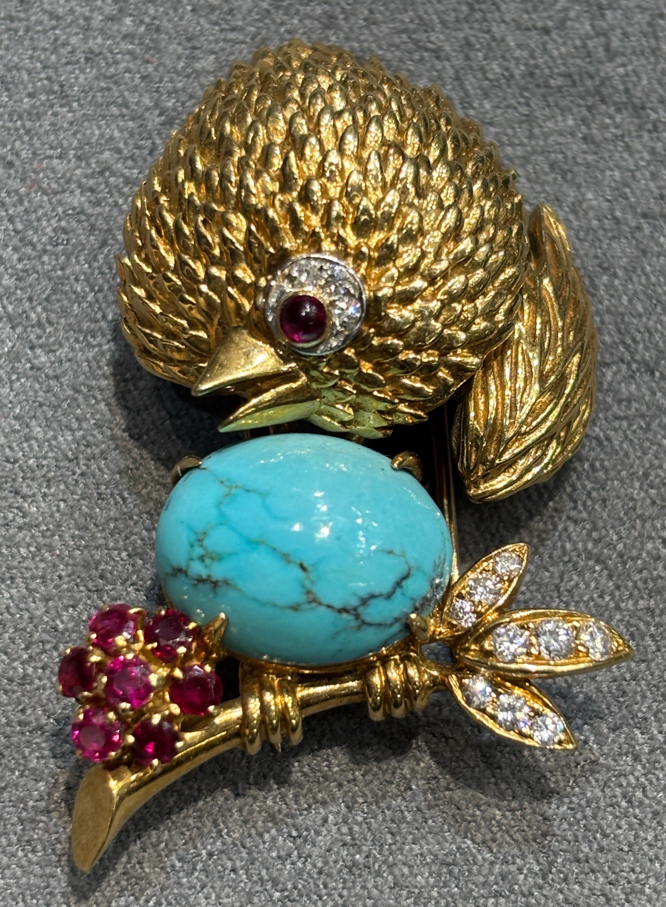 VCA 1960s 18k gold, turquoise, ruby and diamond chick brooch For Sale 1