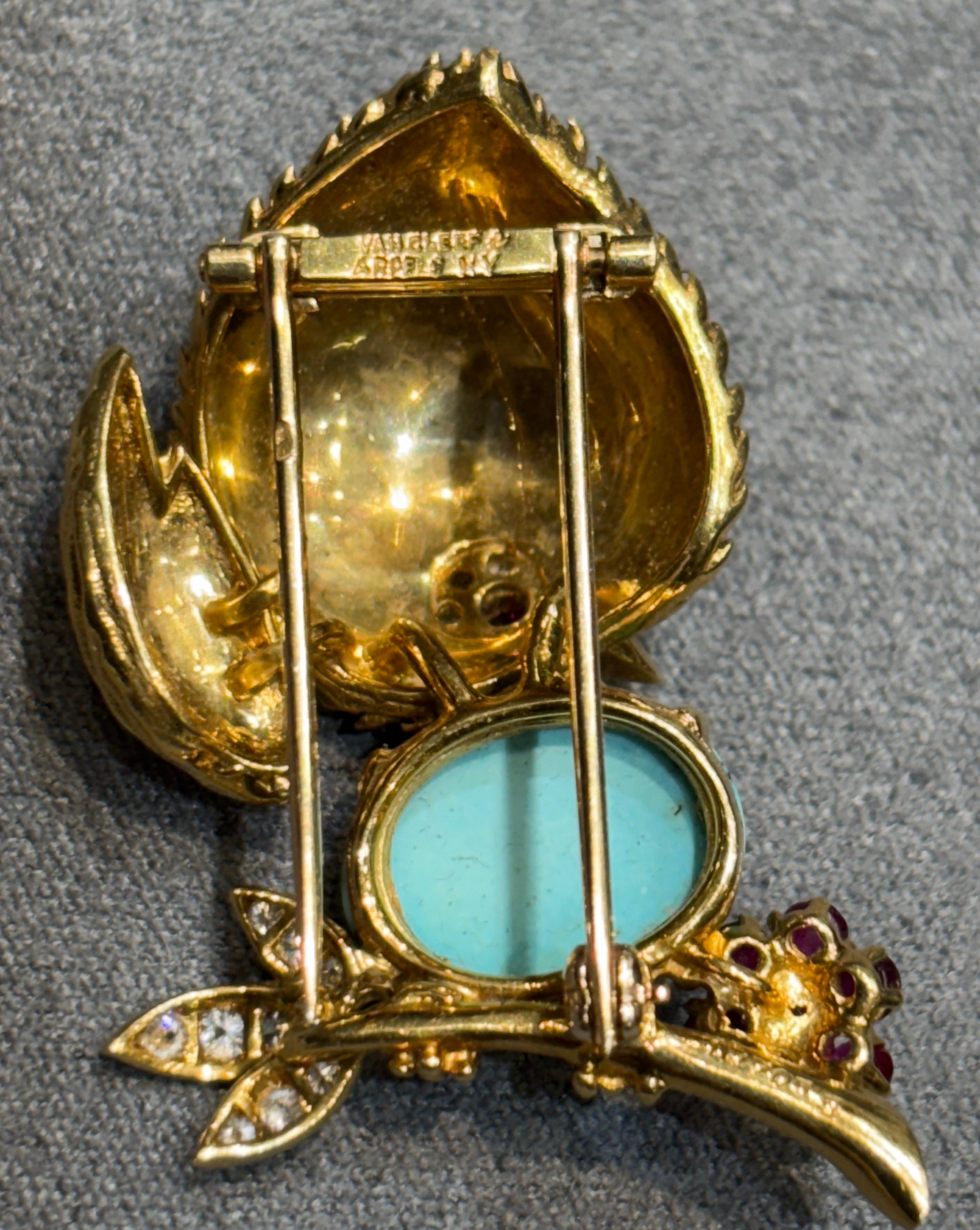 VCA 1960s 18k gold, turquoise, ruby and diamond chick brooch For Sale 2
