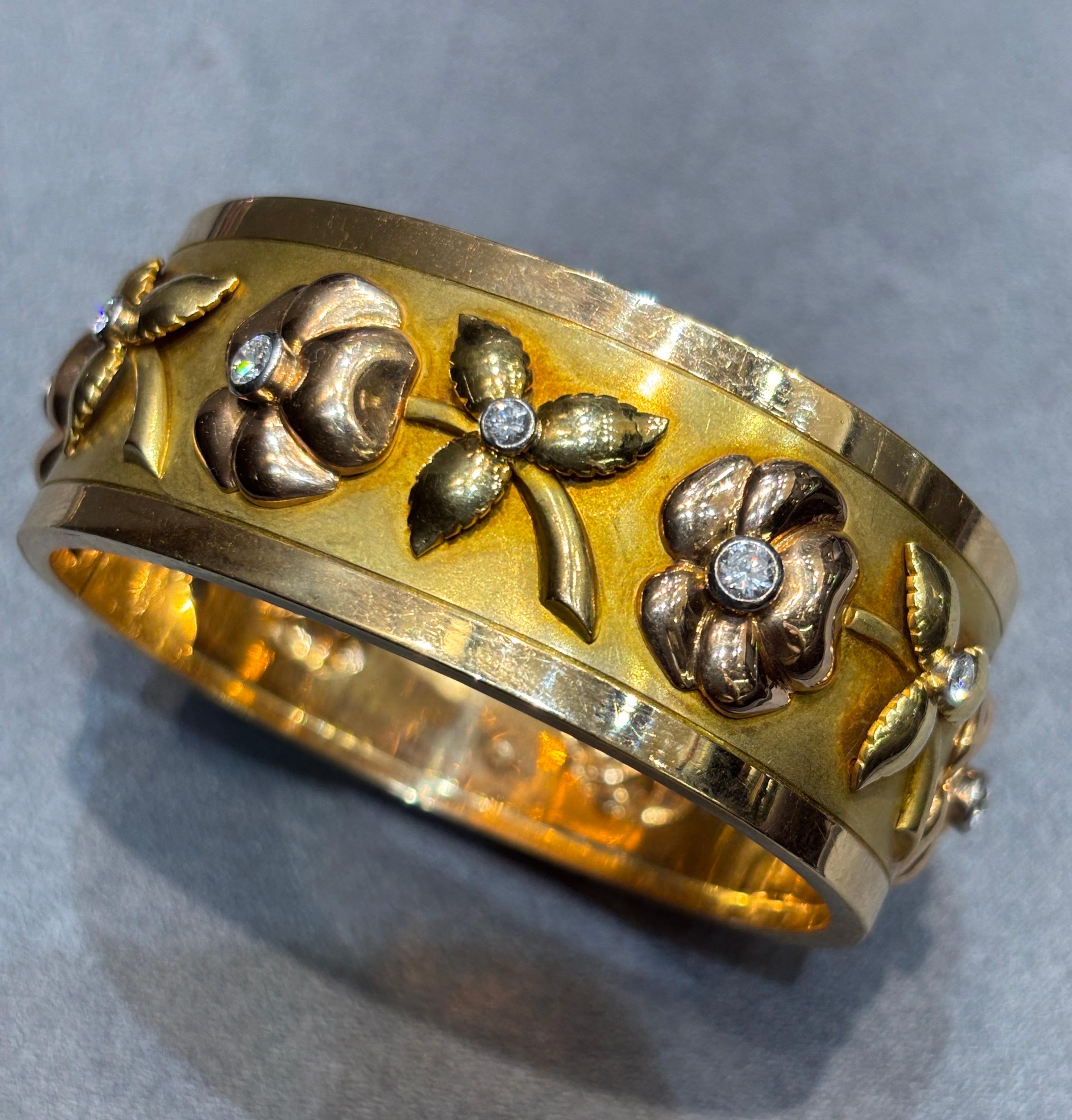 1970s French 18k yellow and rose gold hefty bangle with diamond accents For Sale 3