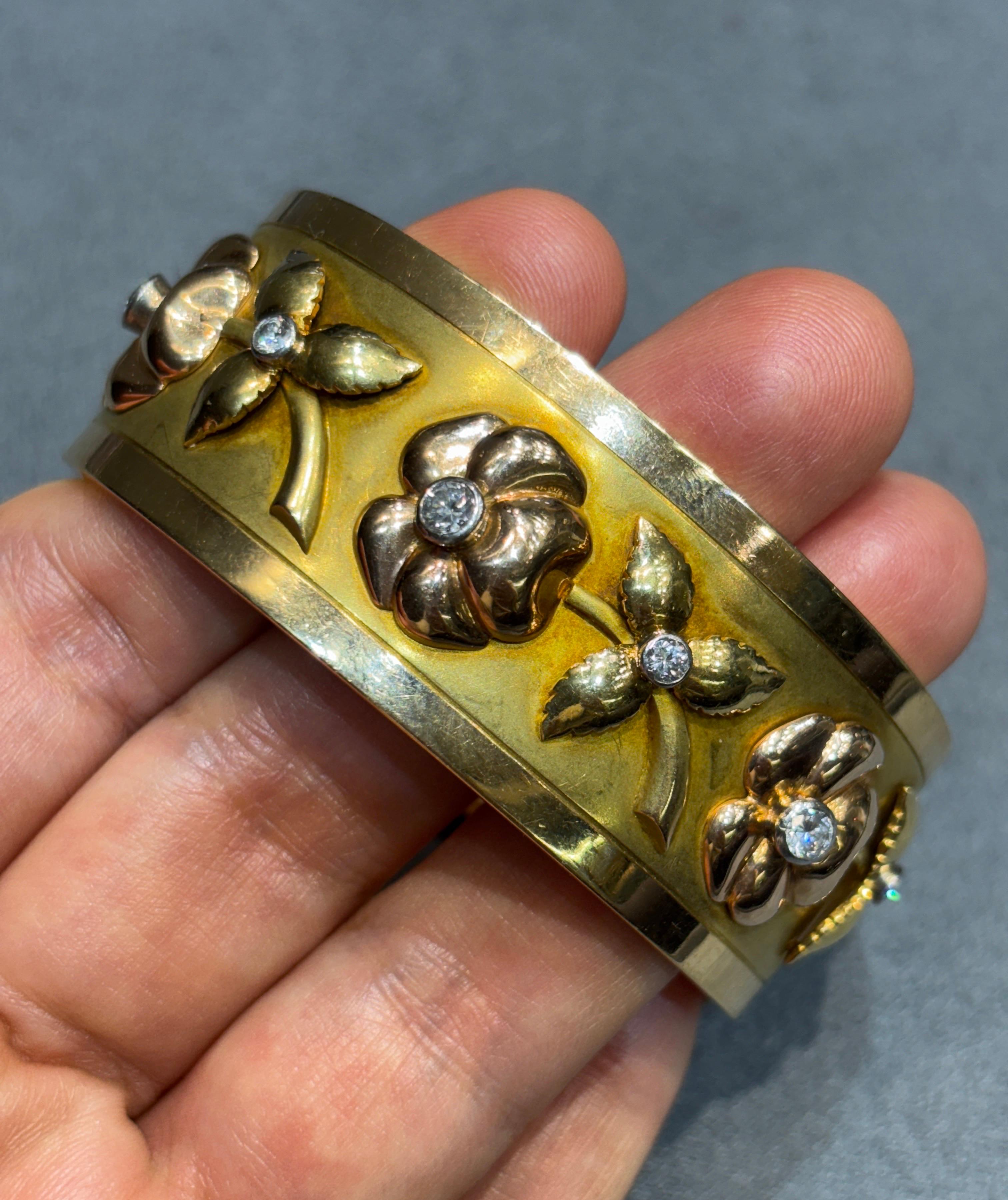 1970s French 18k yellow and rose gold hefty bangle with diamond accents For Sale 4