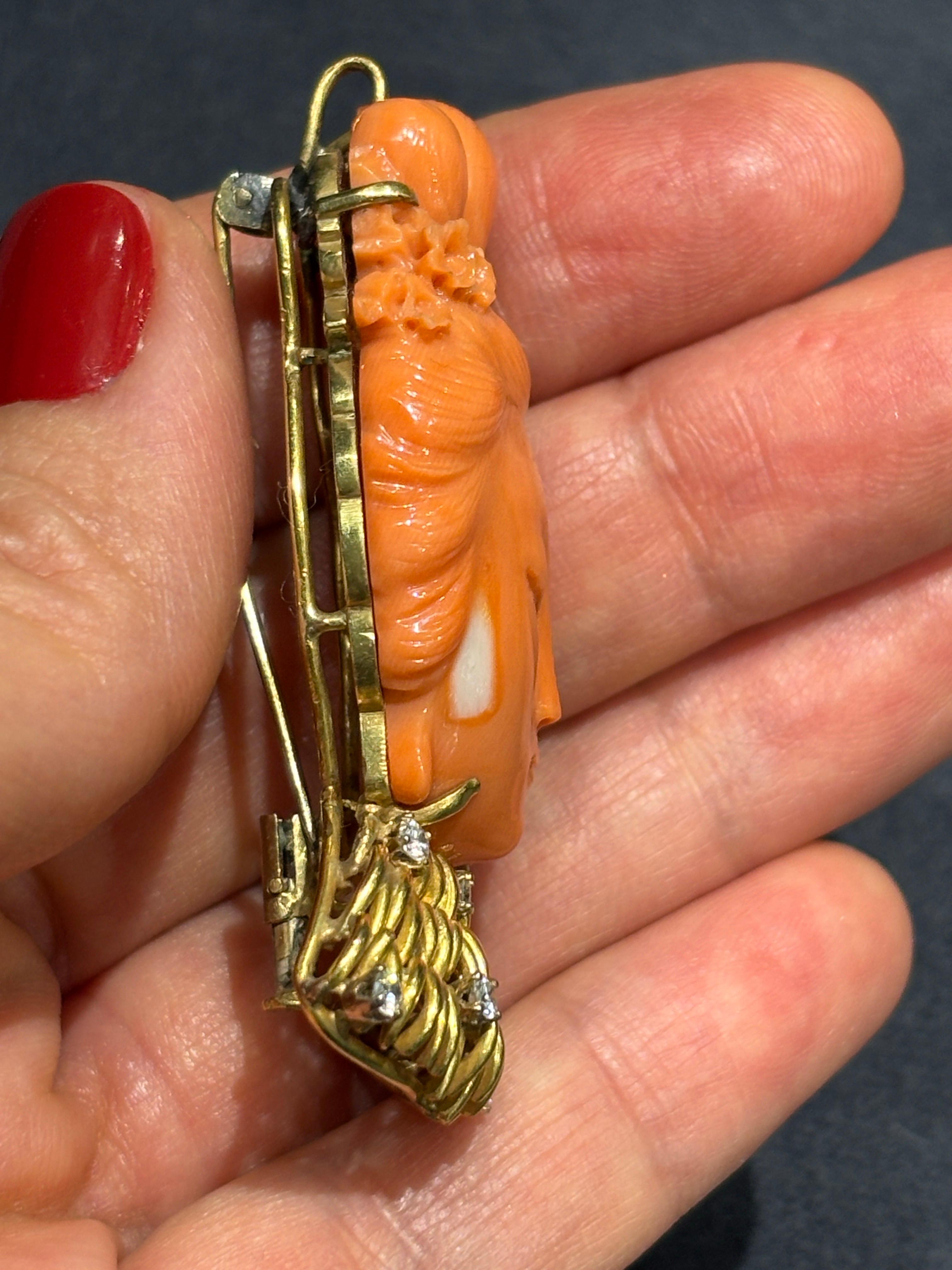 Women's or Men's Carved coral lady Buddha brooch/pendant with 14k gold and diamond collar For Sale