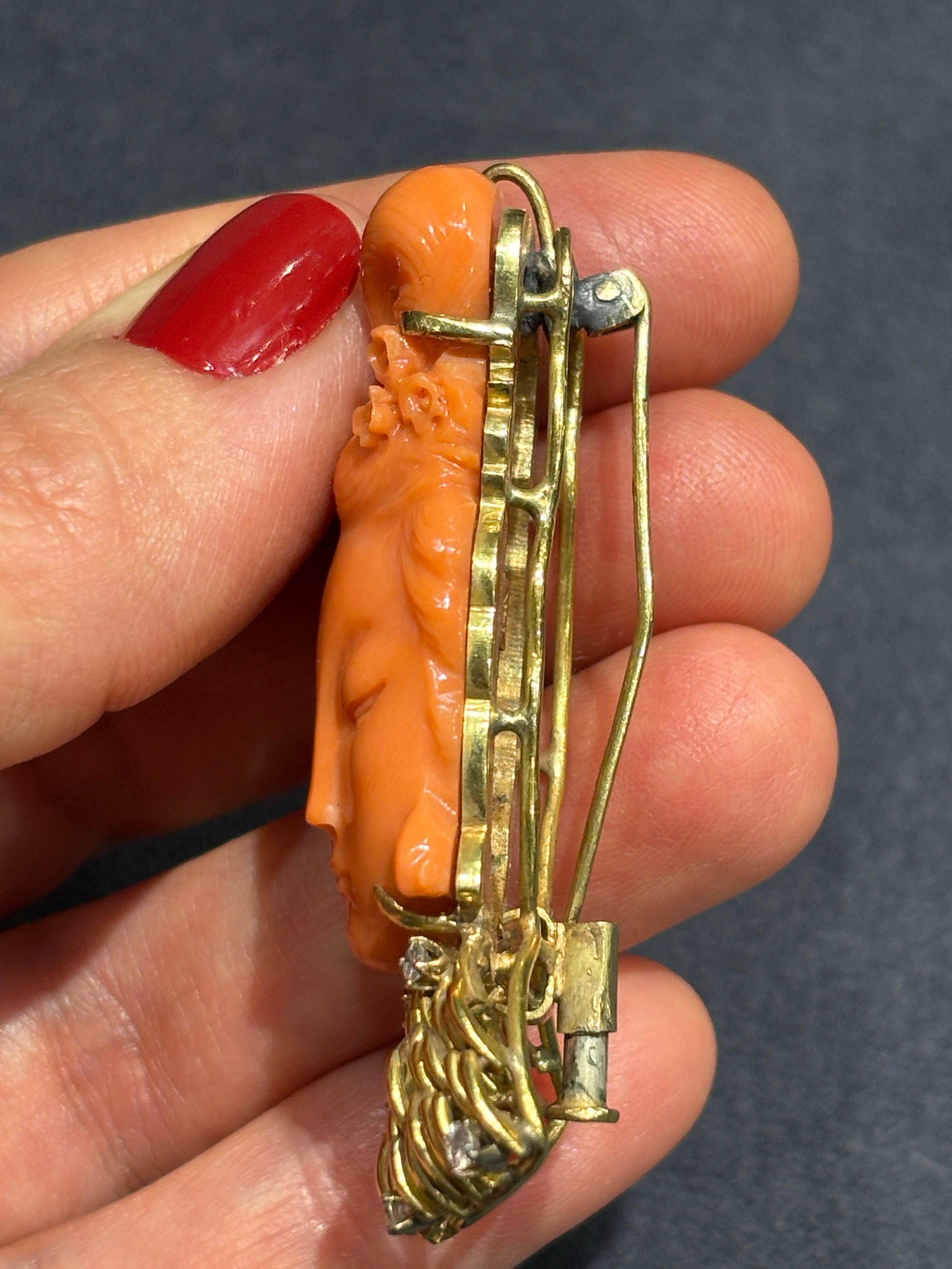 Carved coral lady Buddha brooch/pendant with 14k gold and diamond collar For Sale 1