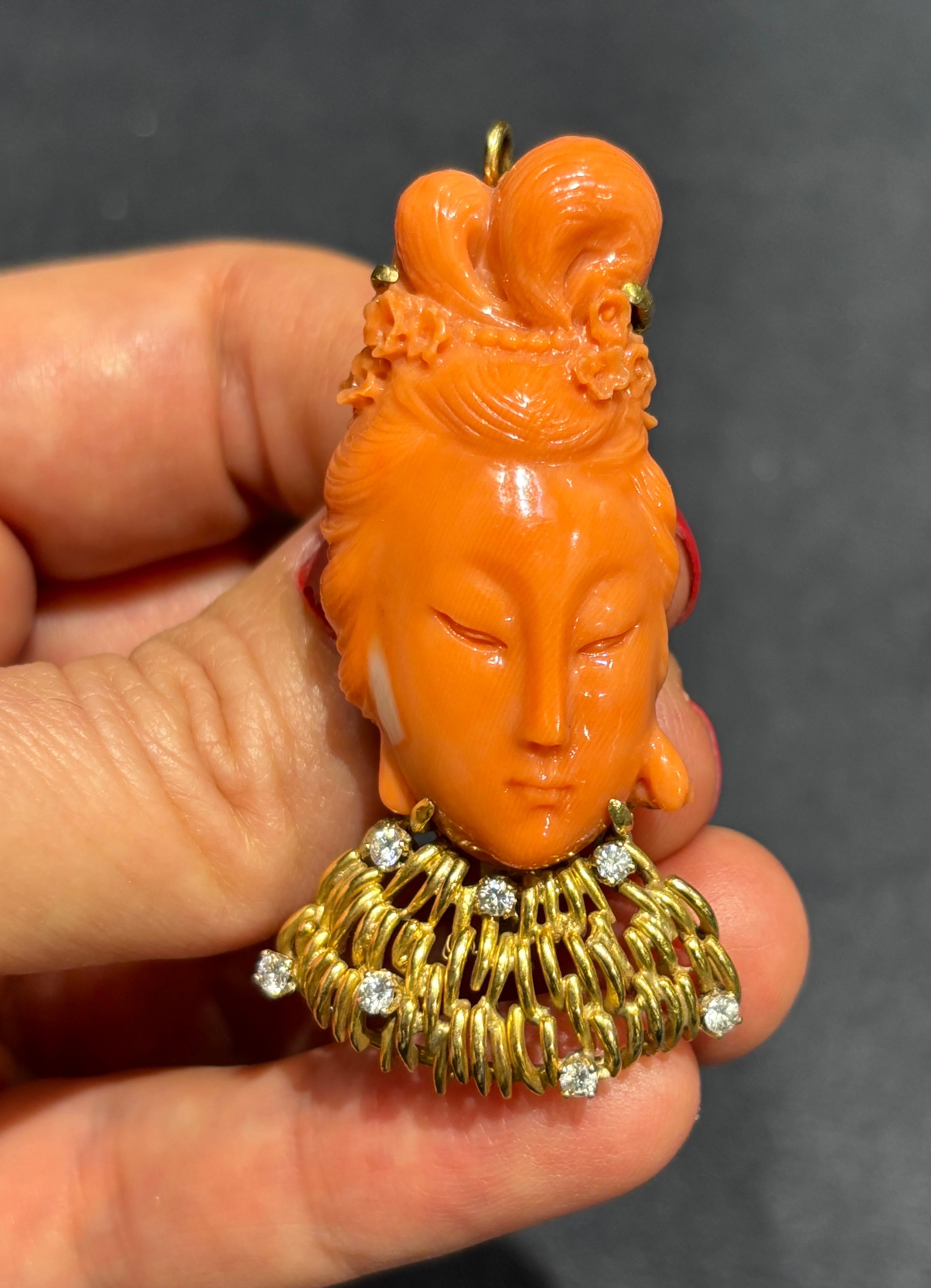 Carved coral lady Buddha brooch/pendant with 14k gold and diamond collar For Sale 2