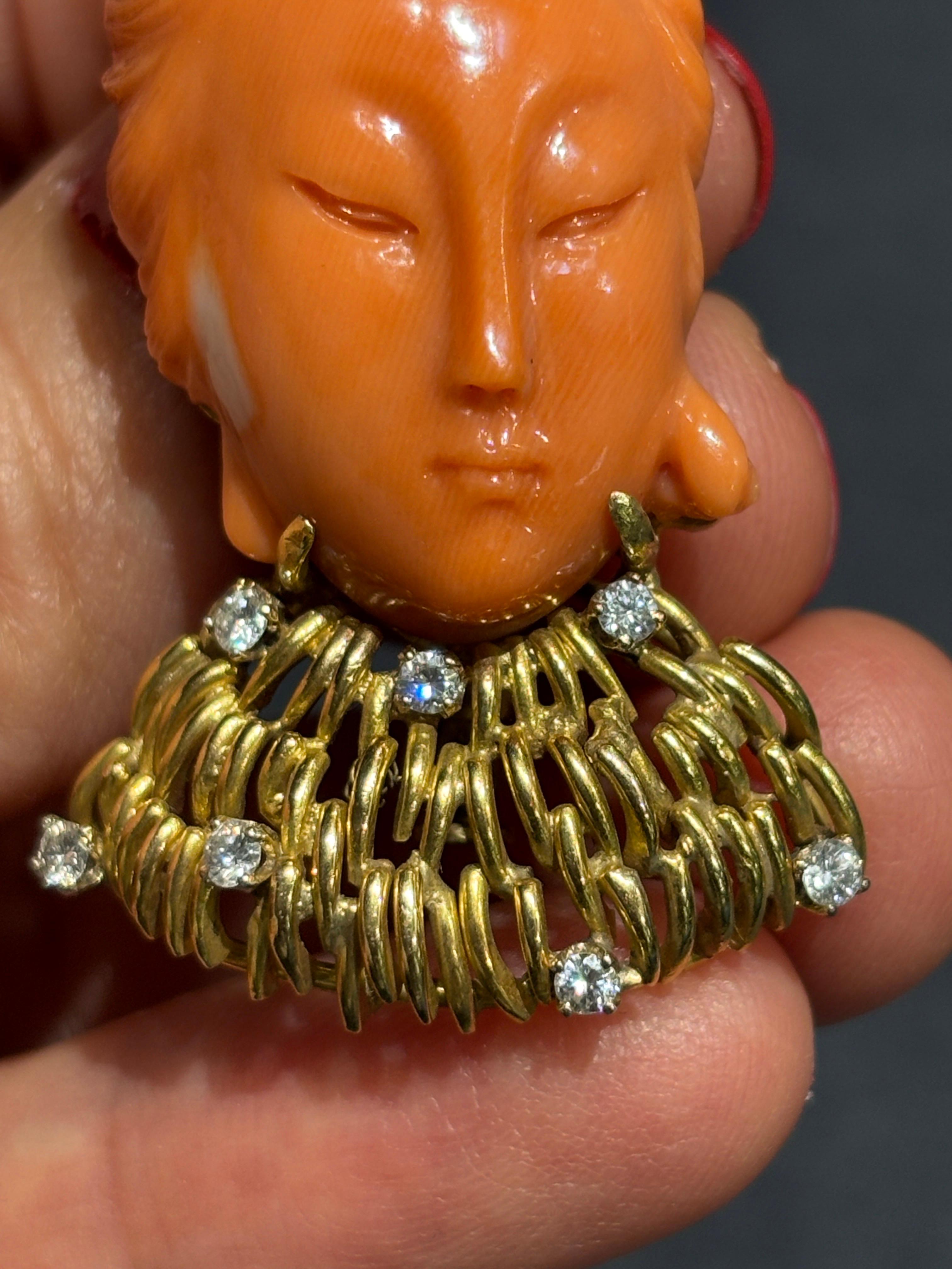 Carved coral lady Buddha brooch/pendant with 14k gold and diamond collar For Sale 3