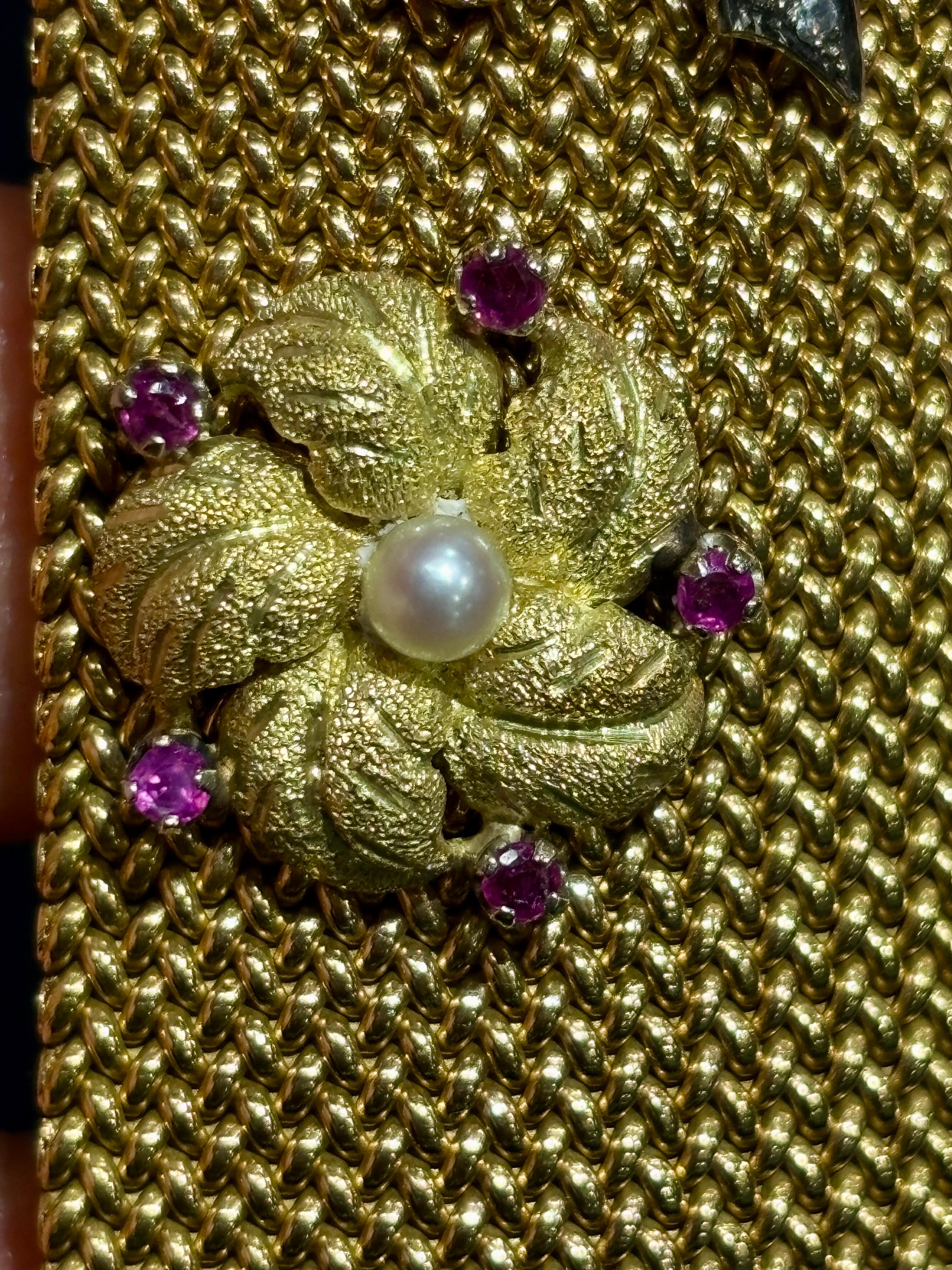 Women's or Men's 1950s Italian 18k gold woven cuff with Burmese rubies, diamonds and pearls For Sale