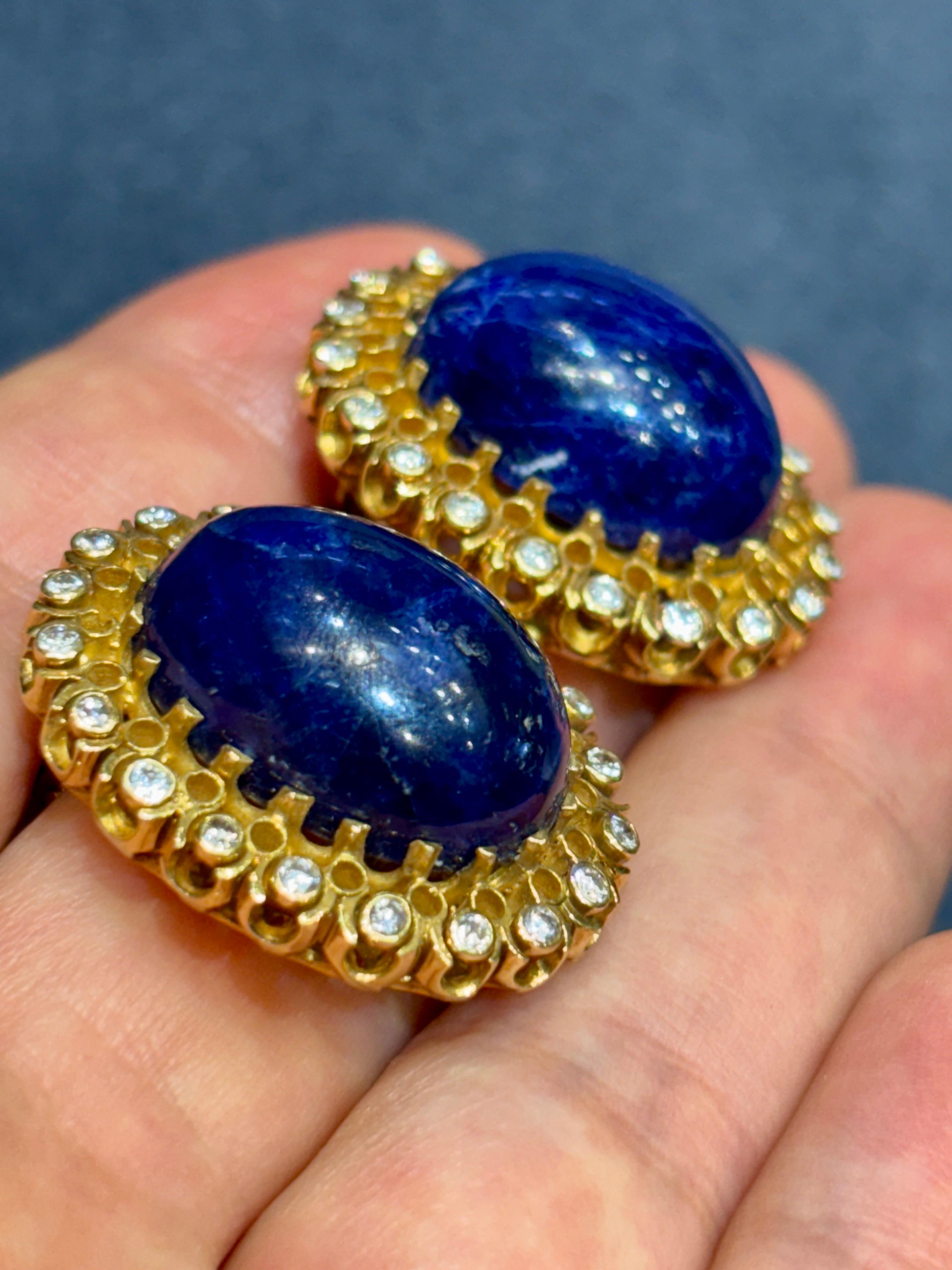 Lalaounis 18k gold cabochon lapis and diamond earrings For Sale 1