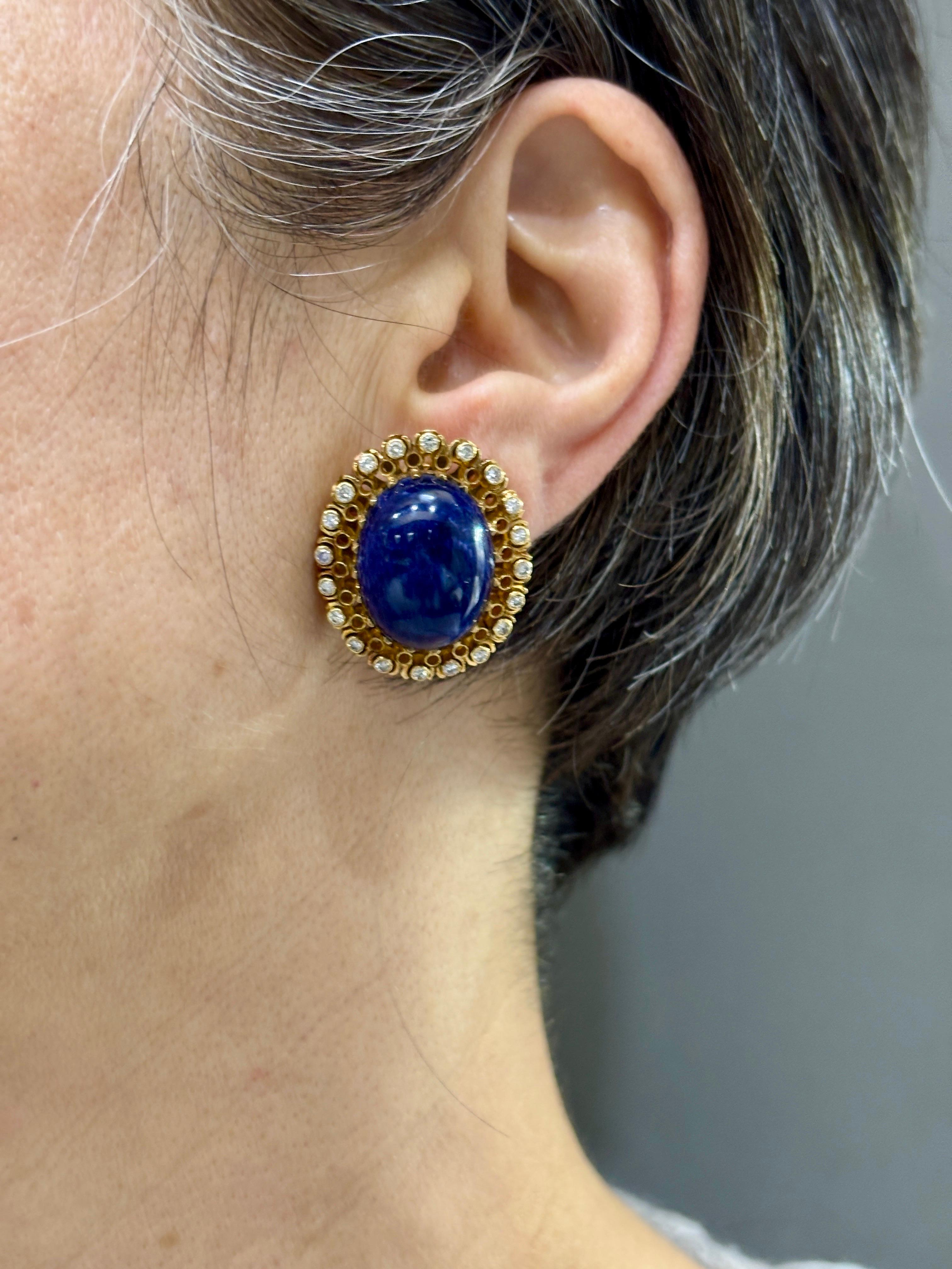 Women's or Men's Lalaounis 18k gold cabochon lapis and diamond earrings For Sale