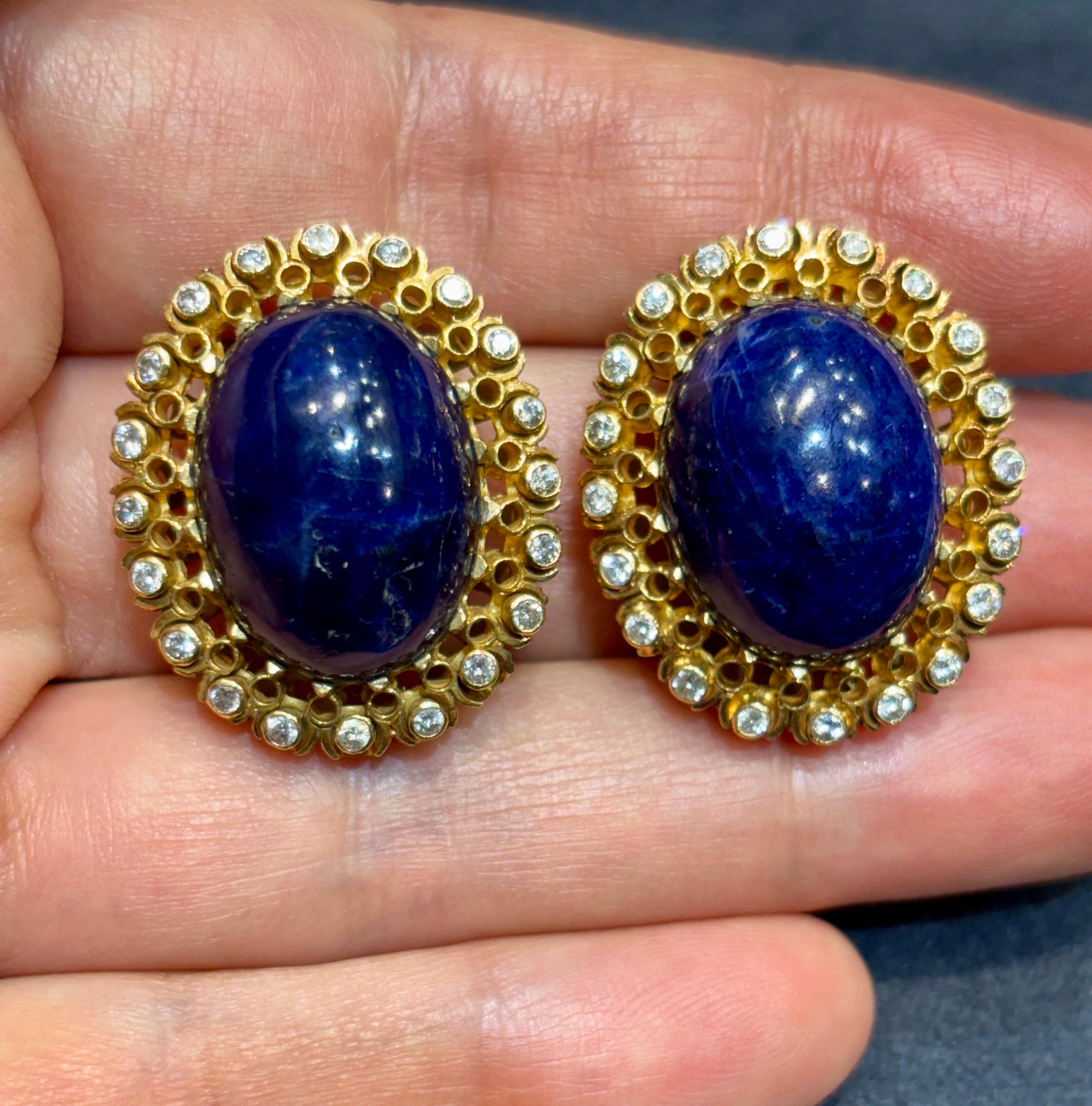 Lalaounis 18k gold cabochon lapis and diamond earrings For Sale 2