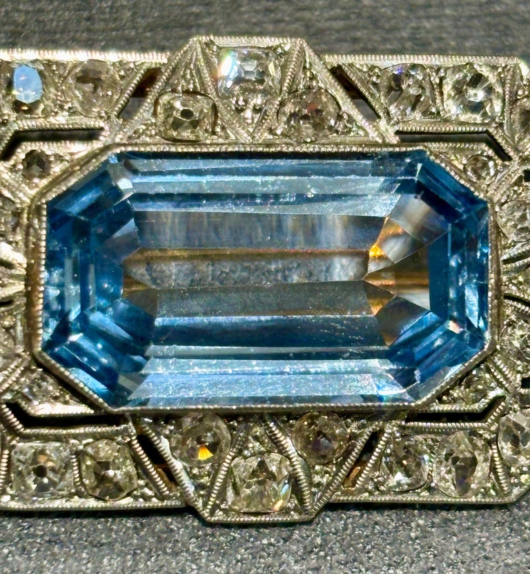 Broche Art Déco Vintage En Fix Or Jaune Avec Cristal Aigue-marine - Occasion Parfait état