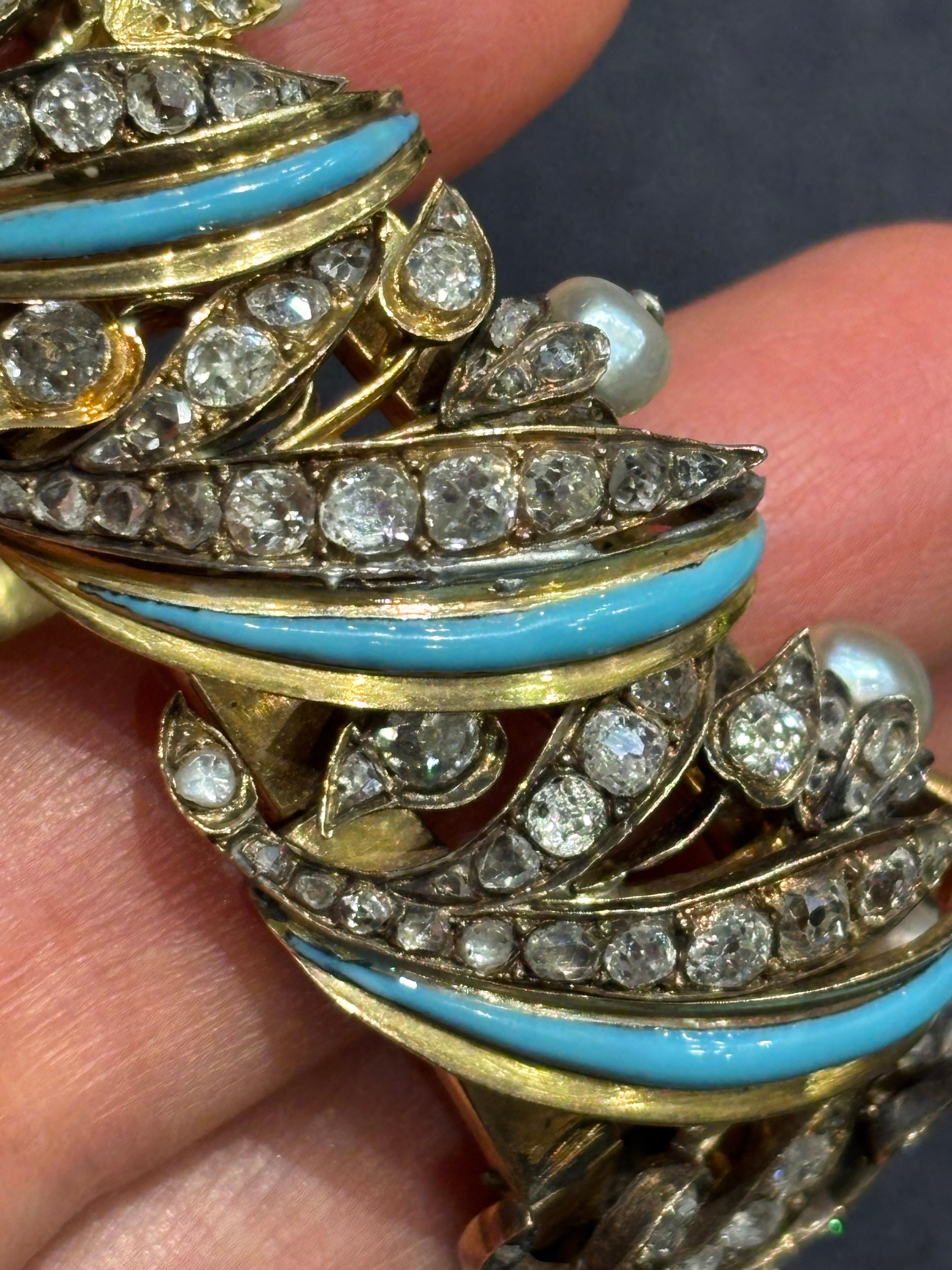 1820 European 18k gold, turquoise, old mine cut diamond & natural pearl bracelet For Sale 1