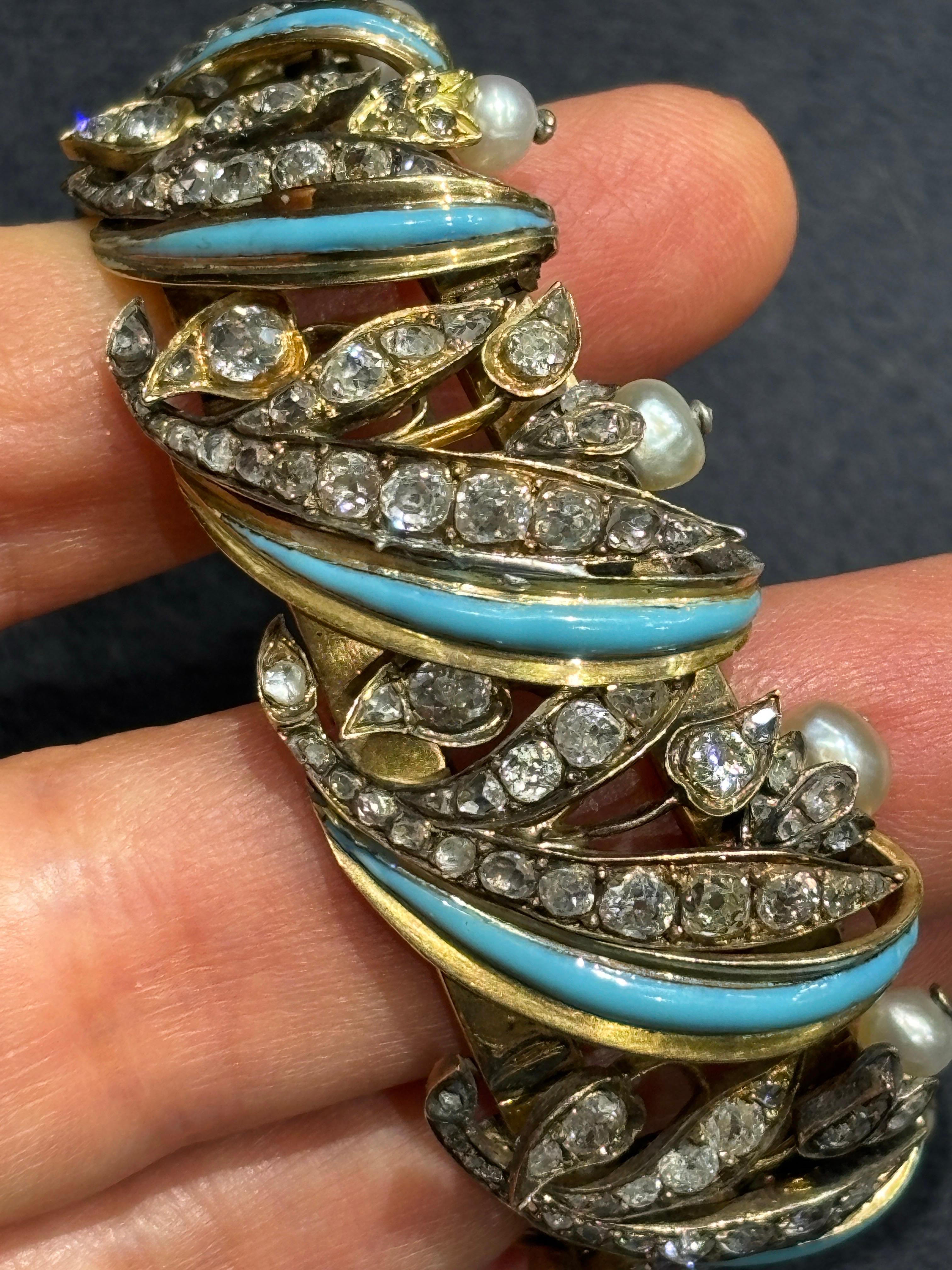 1820 European 18k gold, turquoise, old mine cut diamond & natural pearl bracelet For Sale 2