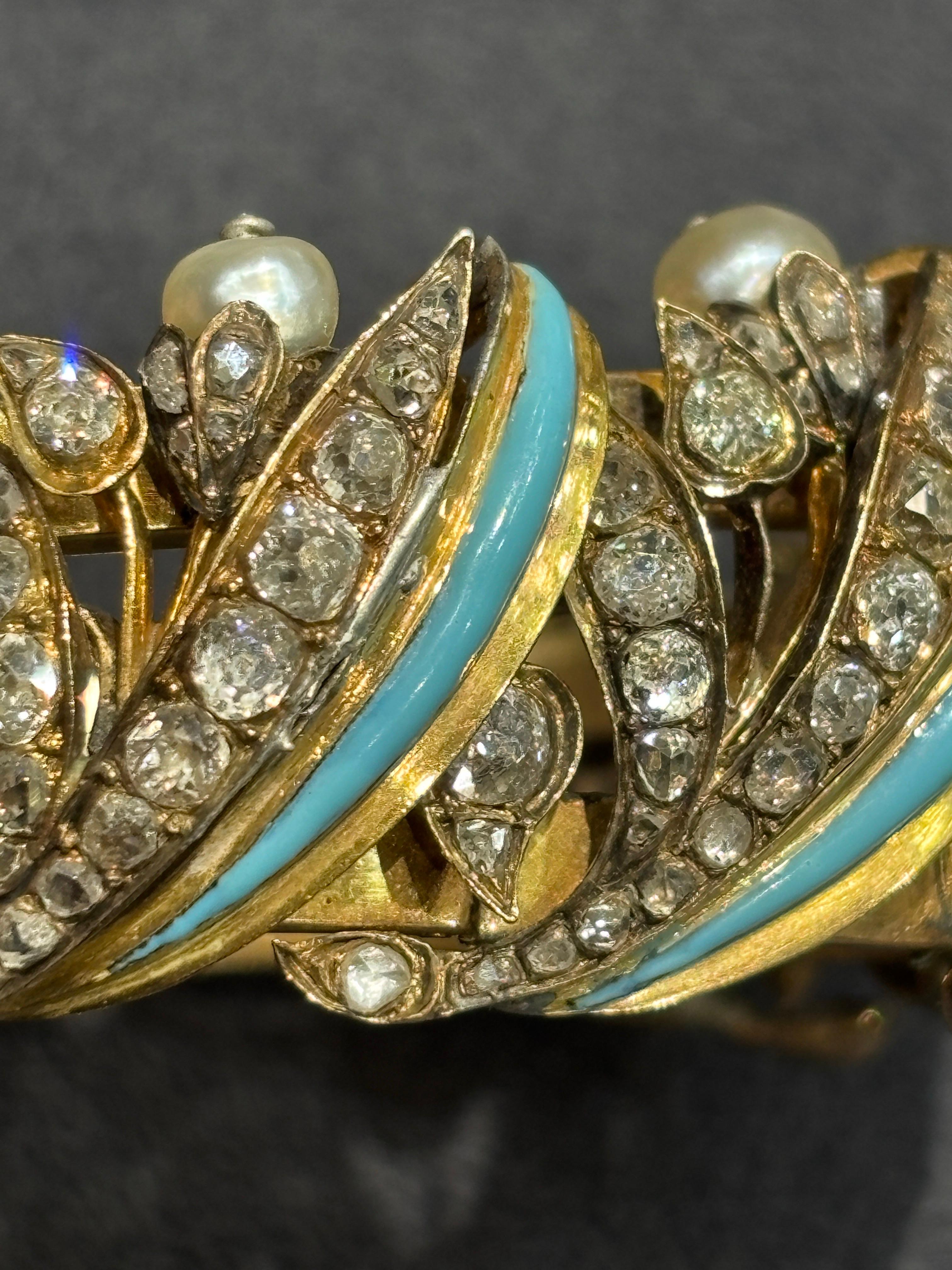 1820 European 18k gold, turquoise, old mine cut diamond & natural pearl bracelet For Sale 3
