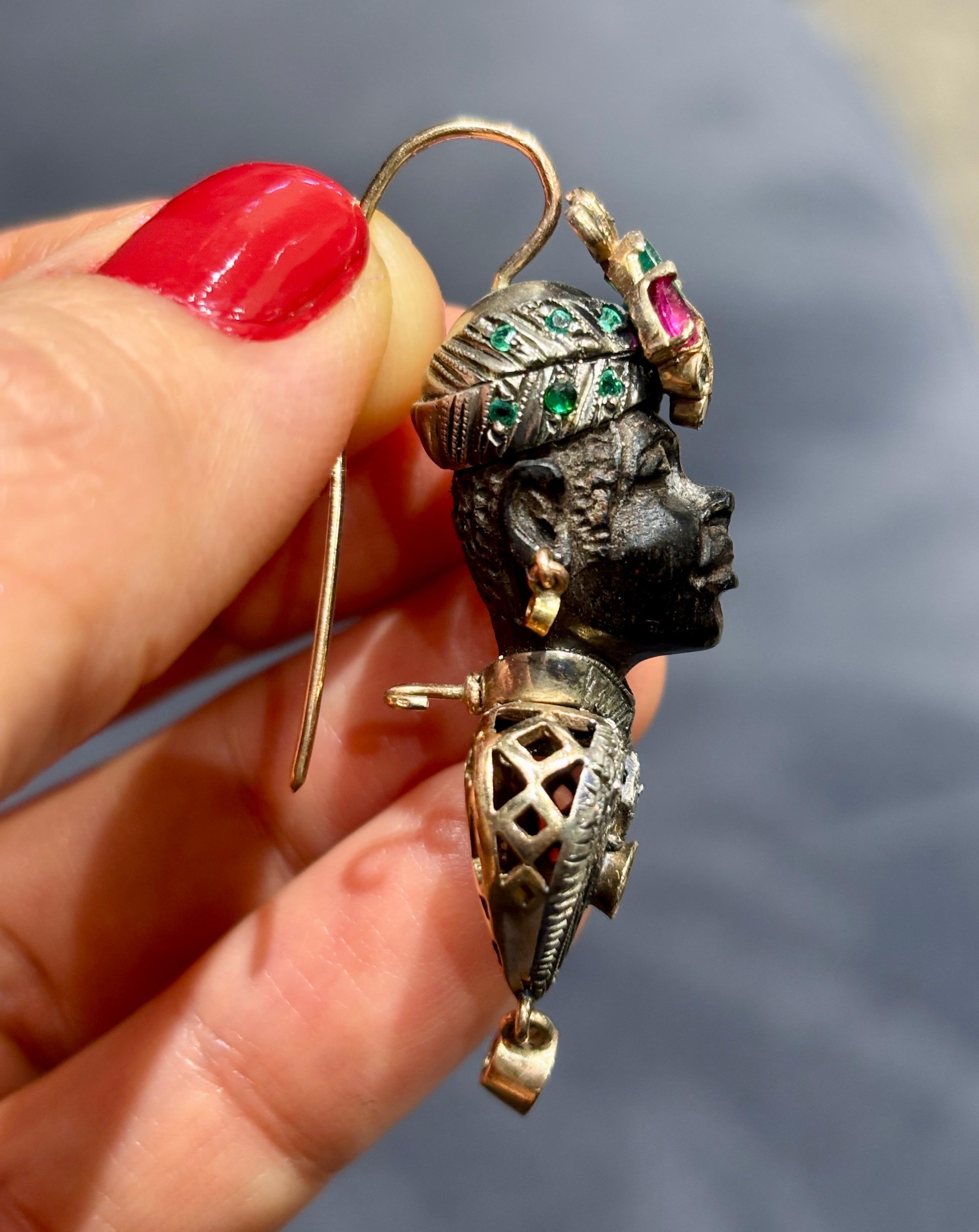 Ebony, diamond, emerald and ruby moretto earrings For Sale 1