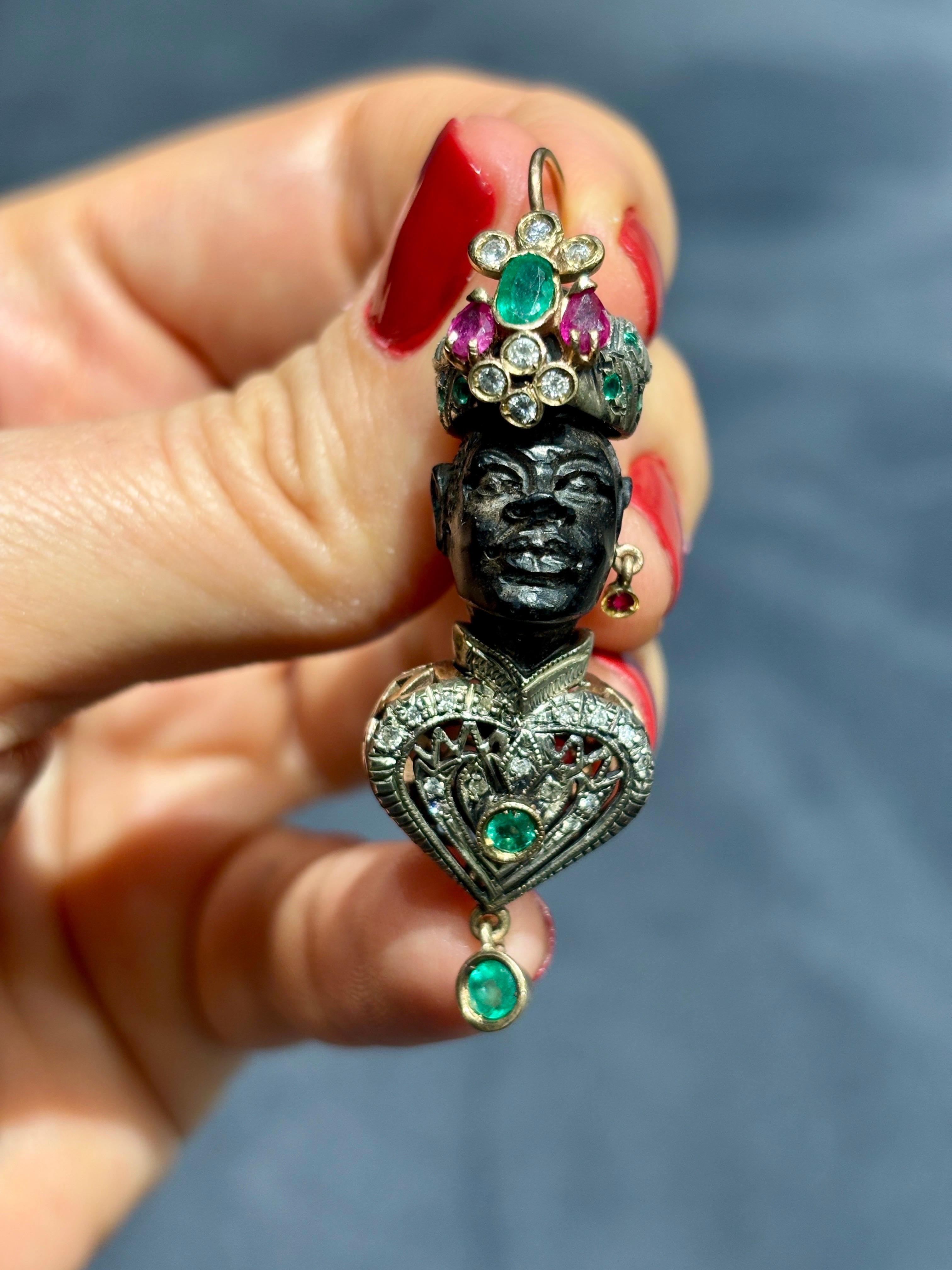 Ebony, diamond, emerald and ruby moretto earrings For Sale 2