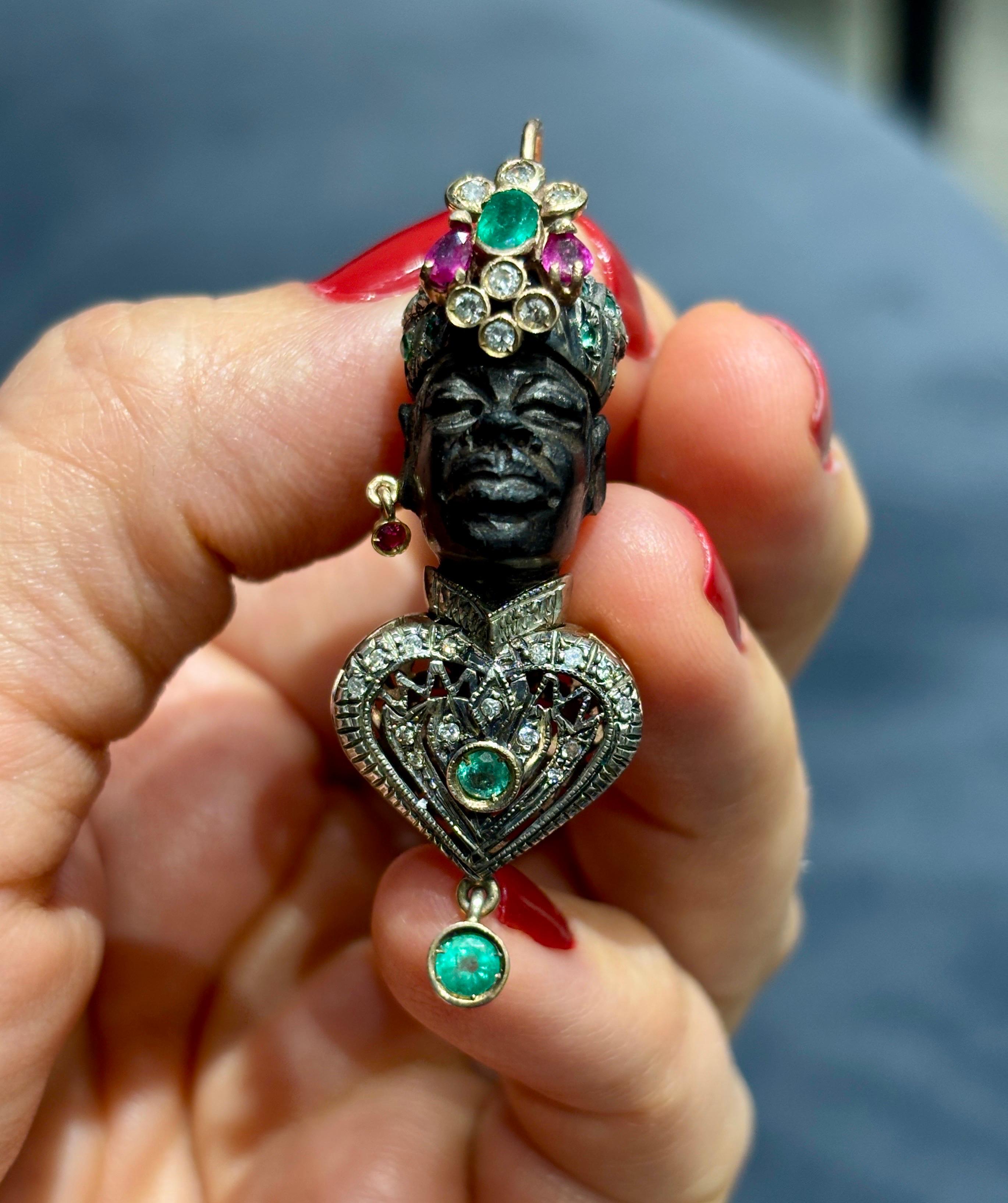Ebony, diamond, emerald and ruby moretto earrings For Sale 3
