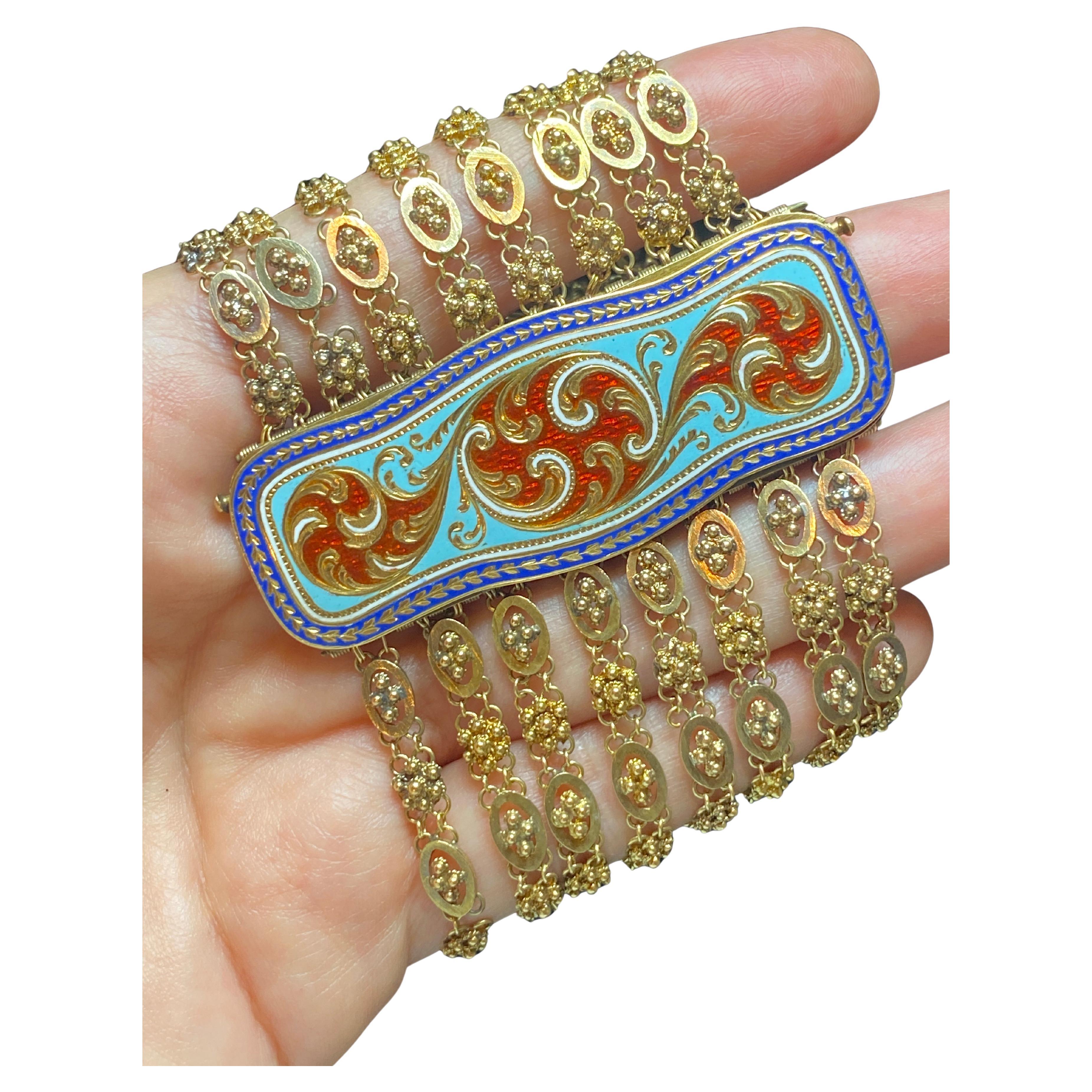 Bracelet anglais des années 1920 en or 18 carats et émail gravé