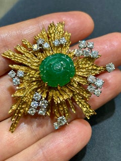 Cartier Brutalist-style Starburst Brooch, 18k Gold, Diamonds, Engraved Emerald