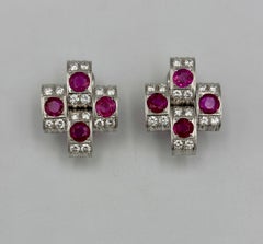 Art Deco Style 18k White Gold, Diamond and Ruby Lever-Back Earrings