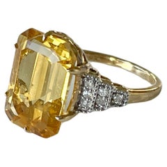 Large Natural Citrine Diamond Art Deco Style Ring 9K Yellow Gold 