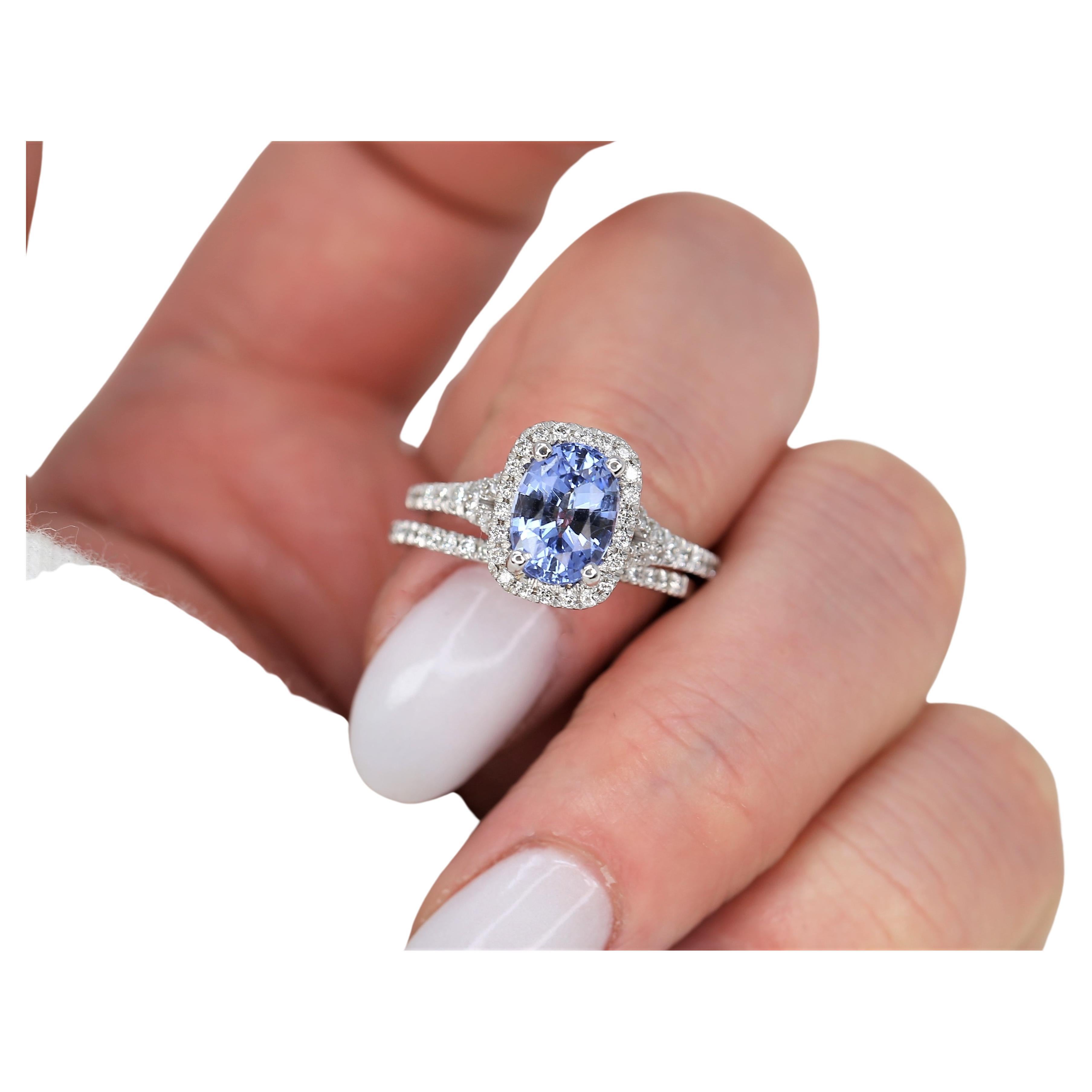 2.12ct Avery 14kt Cornflower Blue Sapphire Diamond Split Shank Halo Bridal Set For Sale
