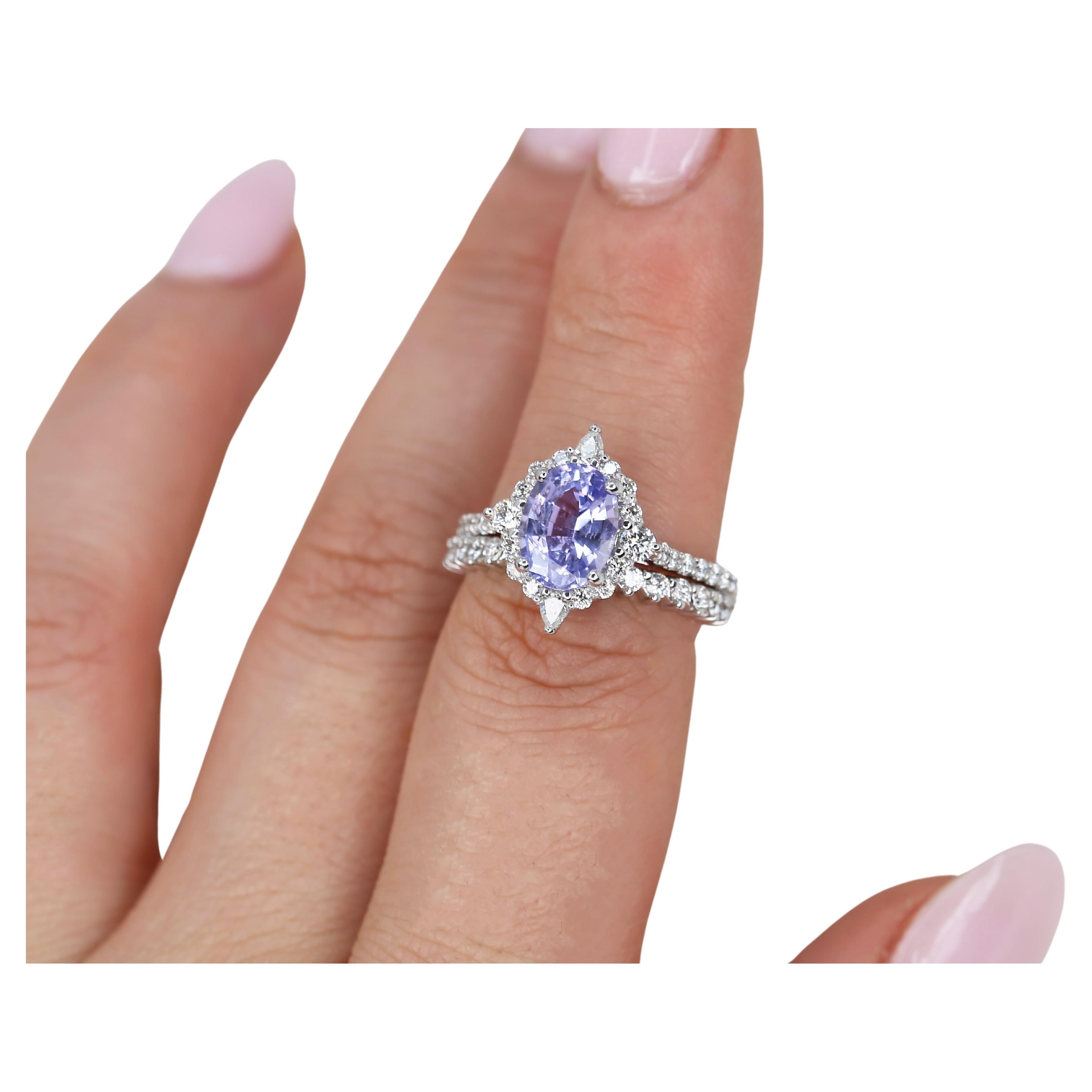 2.34ct Jadis 14kt White Gold Lavender Sapphire Diamond Compass Halo Bridal Set For Sale