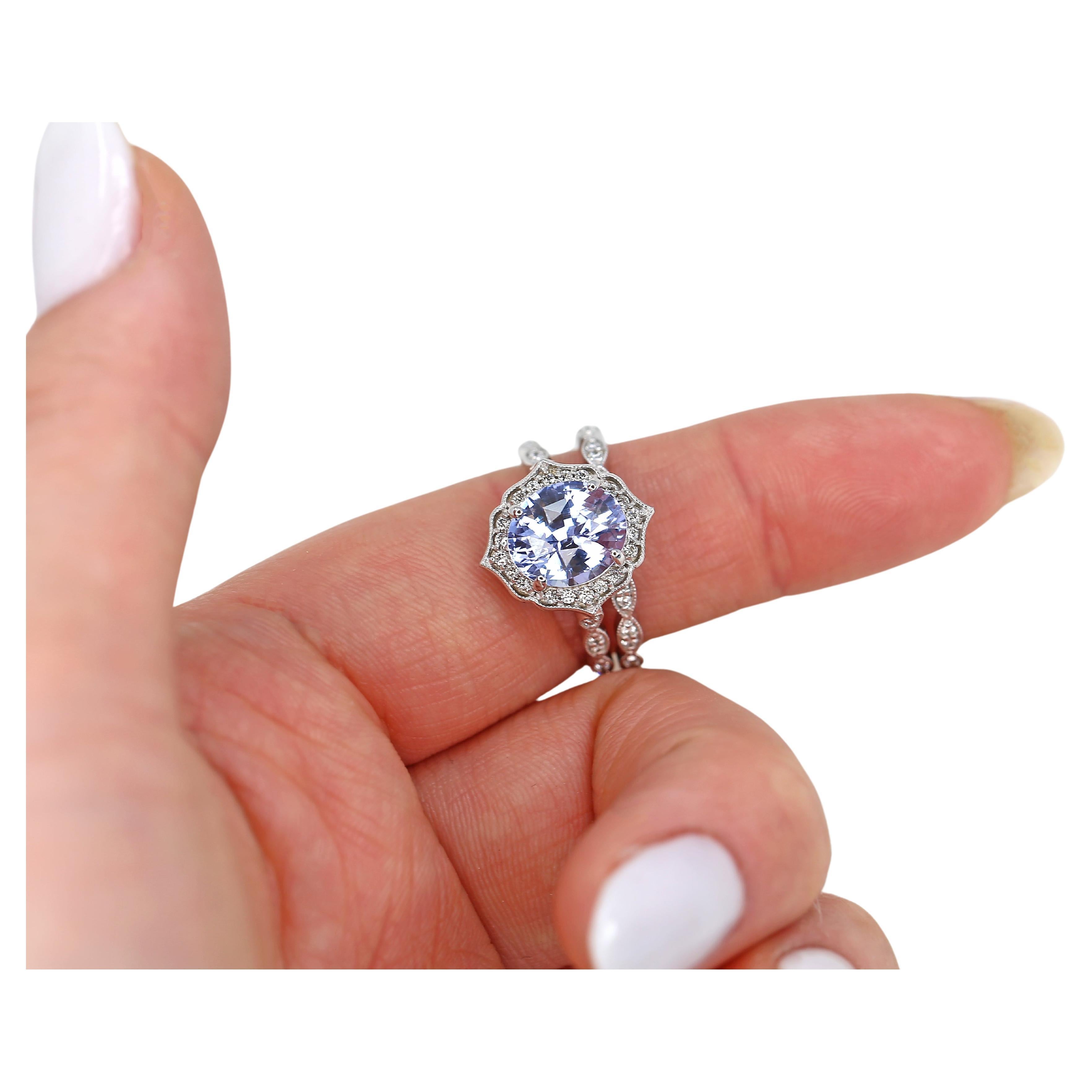 3.18ct Lana 14kt White Gold Lavender Sapphire Diamond Art Deco Halo Bridal Set For Sale