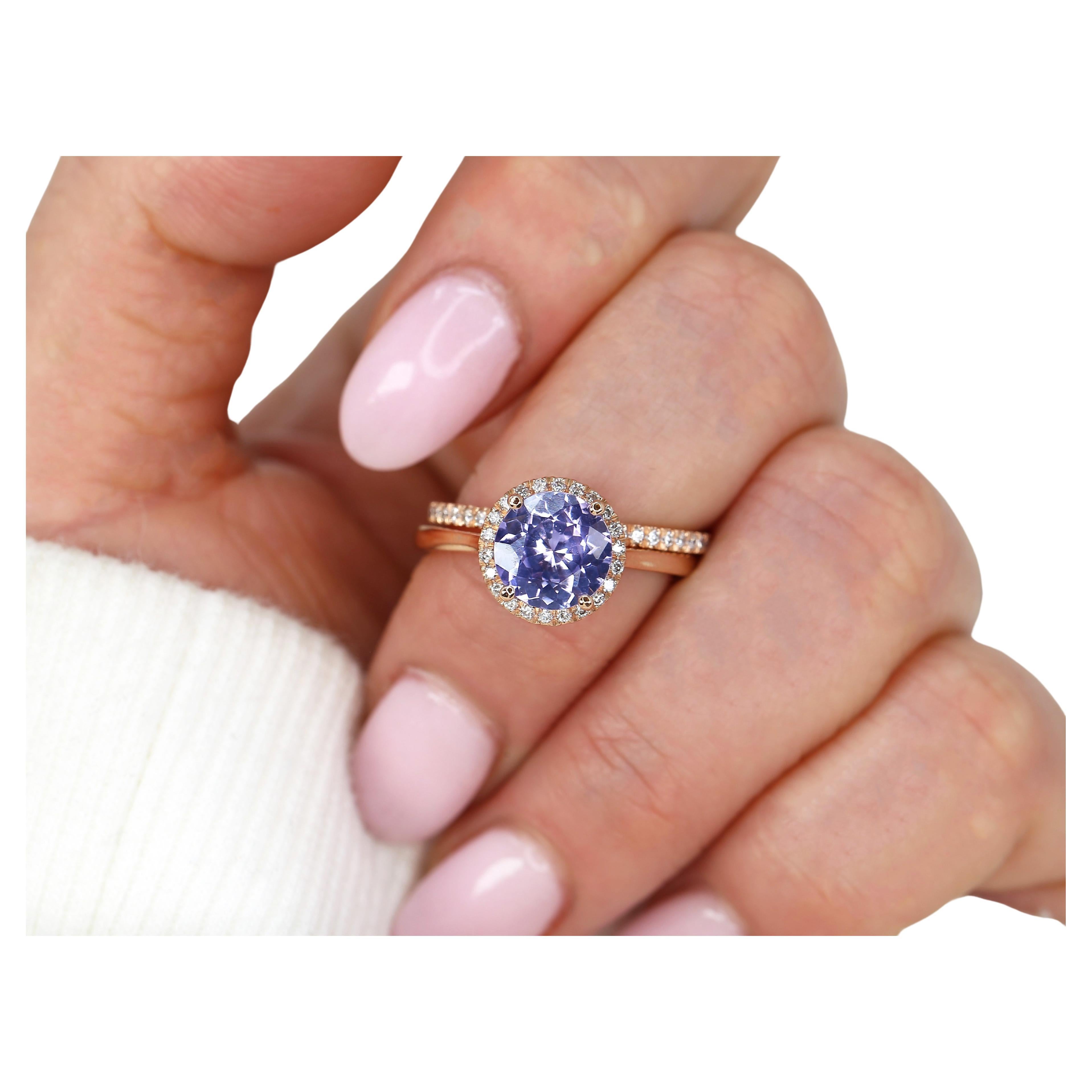 2.43cts Shannon 14kt Rose Gold Purple Sapphire Diamond Round Halo Bridal Set For Sale