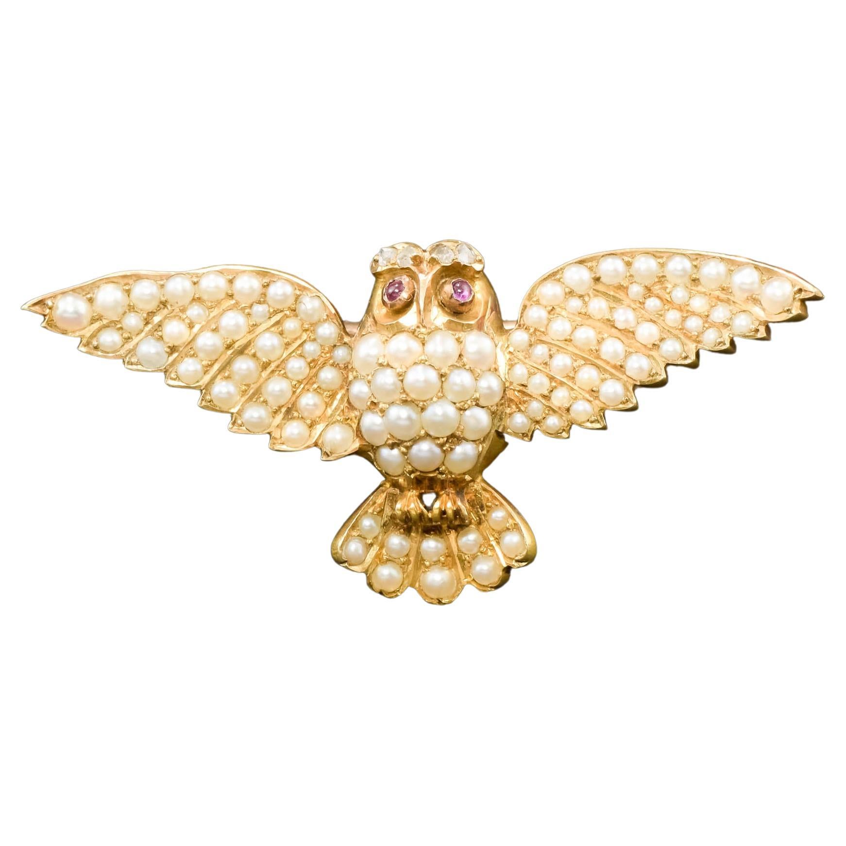 Antique Flying Owl Brooch Pin with Diamond & Pearls For Sale