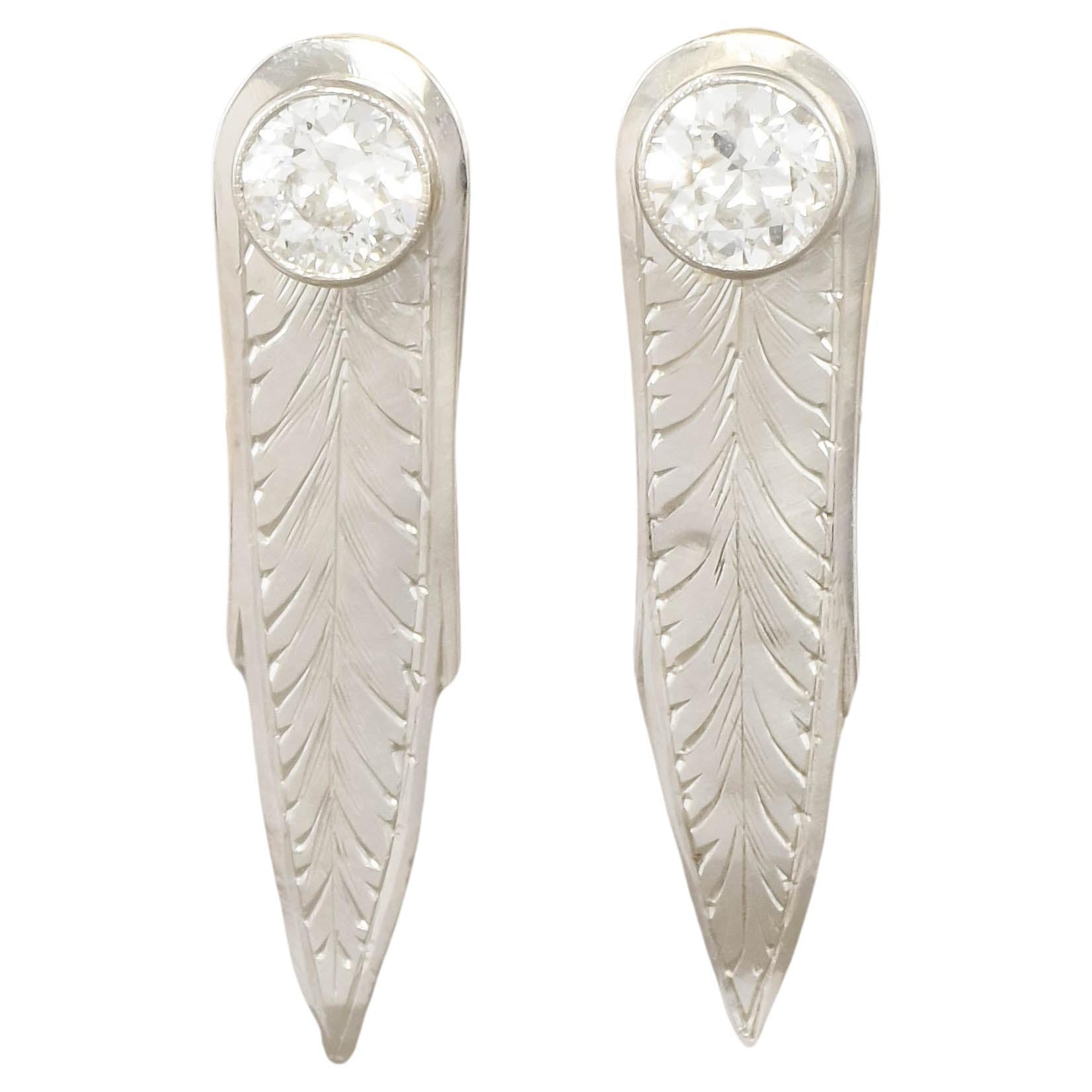 Hand Engraved Leaf Feather Diamond Earrings - Old European Cut Diamonds .90 ctw For Sale