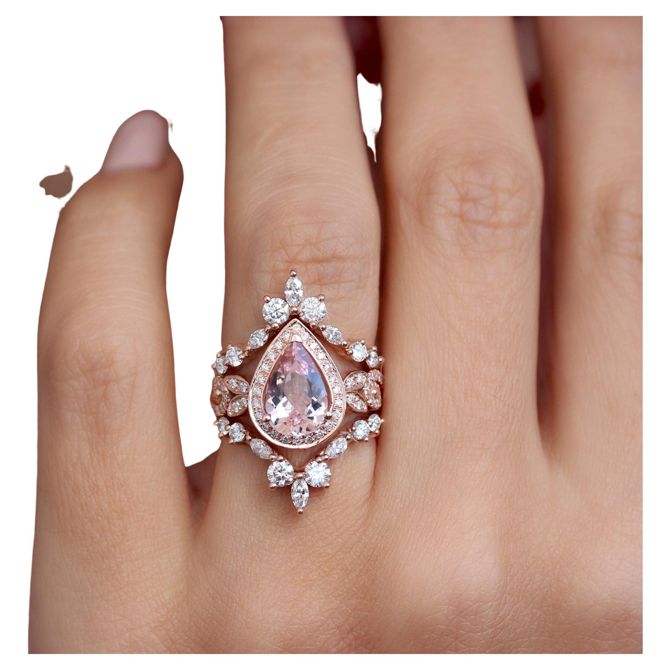 Pear Morganite Halo Engagement Wave Band Ring & "Iceland" Diamond Ring Guard For Sale