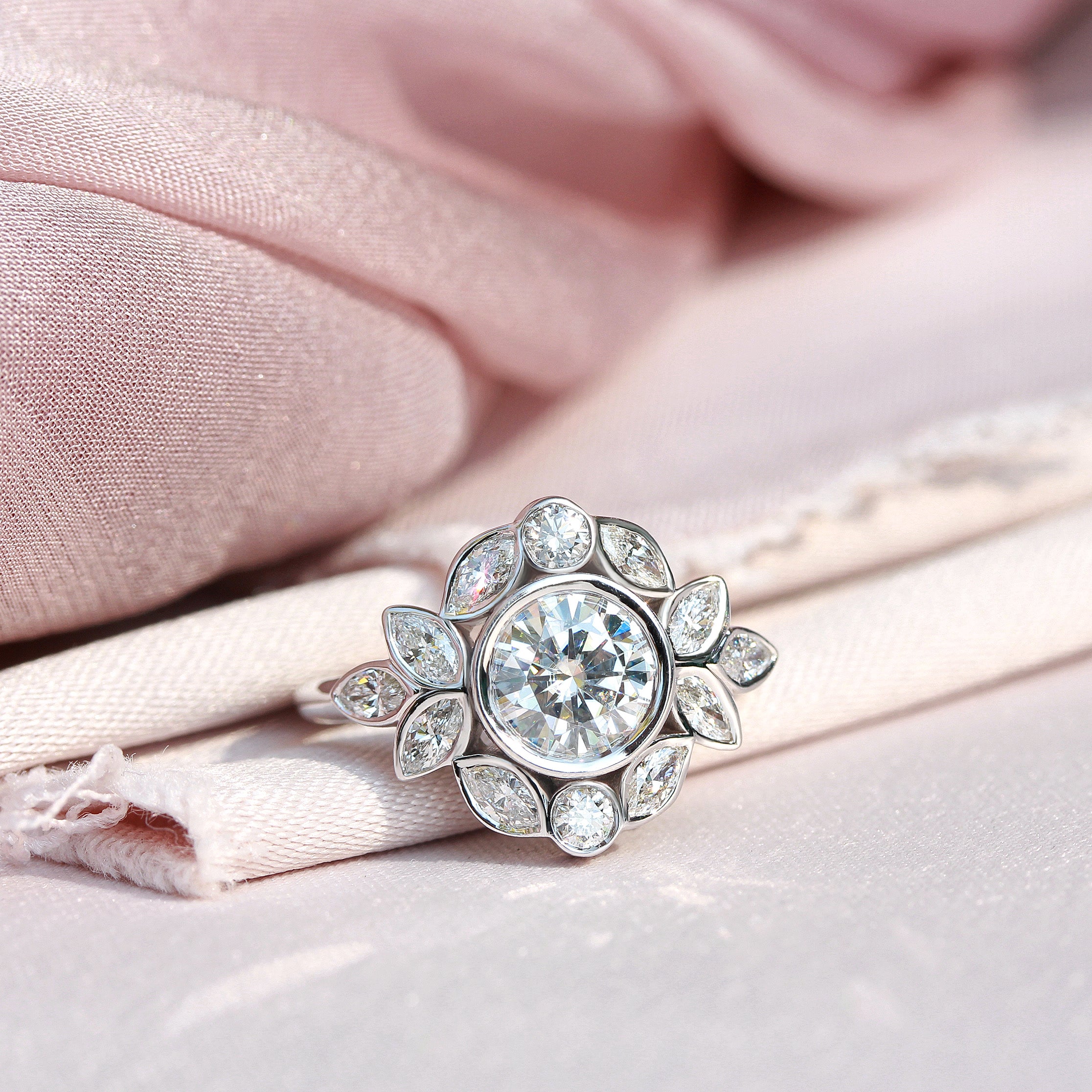 Bezel Round Moissanite Flower Unique Vintage Engagement Ring "Lily Emma" For Sale