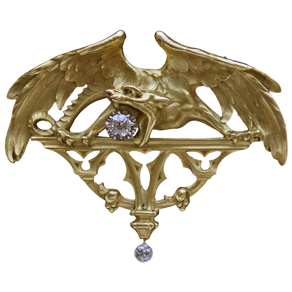 Gothic Chimera Diamond Gold Pendant Brooch