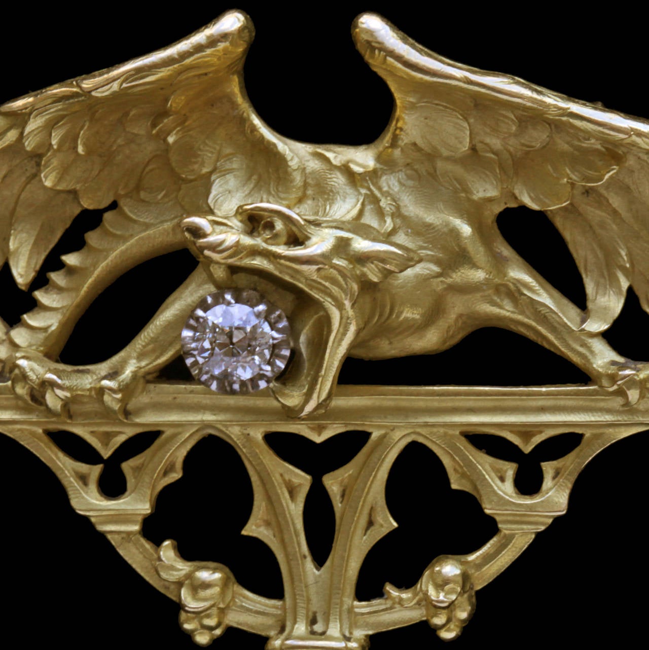 Gothic Chimera Diamond Gold Pendant Brooch In Excellent Condition In London, GB