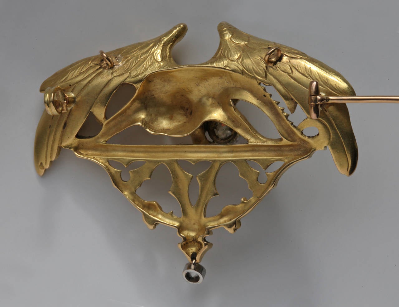Renaissance Revival Gothic Chimera Diamond Gold Pendant Brooch