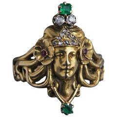 Andre Rambour Art Nouveau Emerald Ruby Diamond Gold Engagement Ring 12