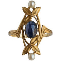 Antique Gaston Lafitte Art Nouveau Gold Sapphire Pearl Ring