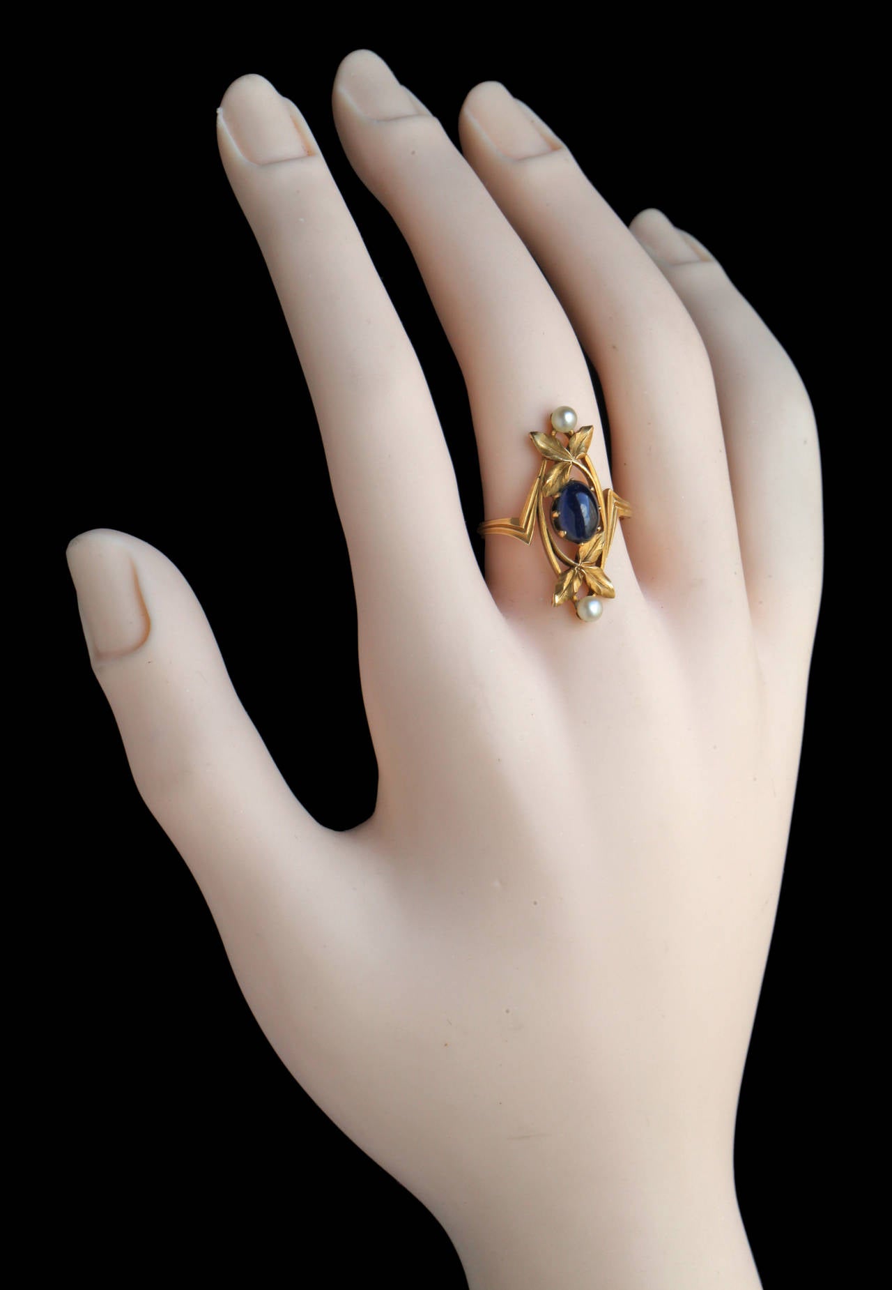 Gaston Lafitte Art Nouveau Gold Sapphire Pearl Ring 1