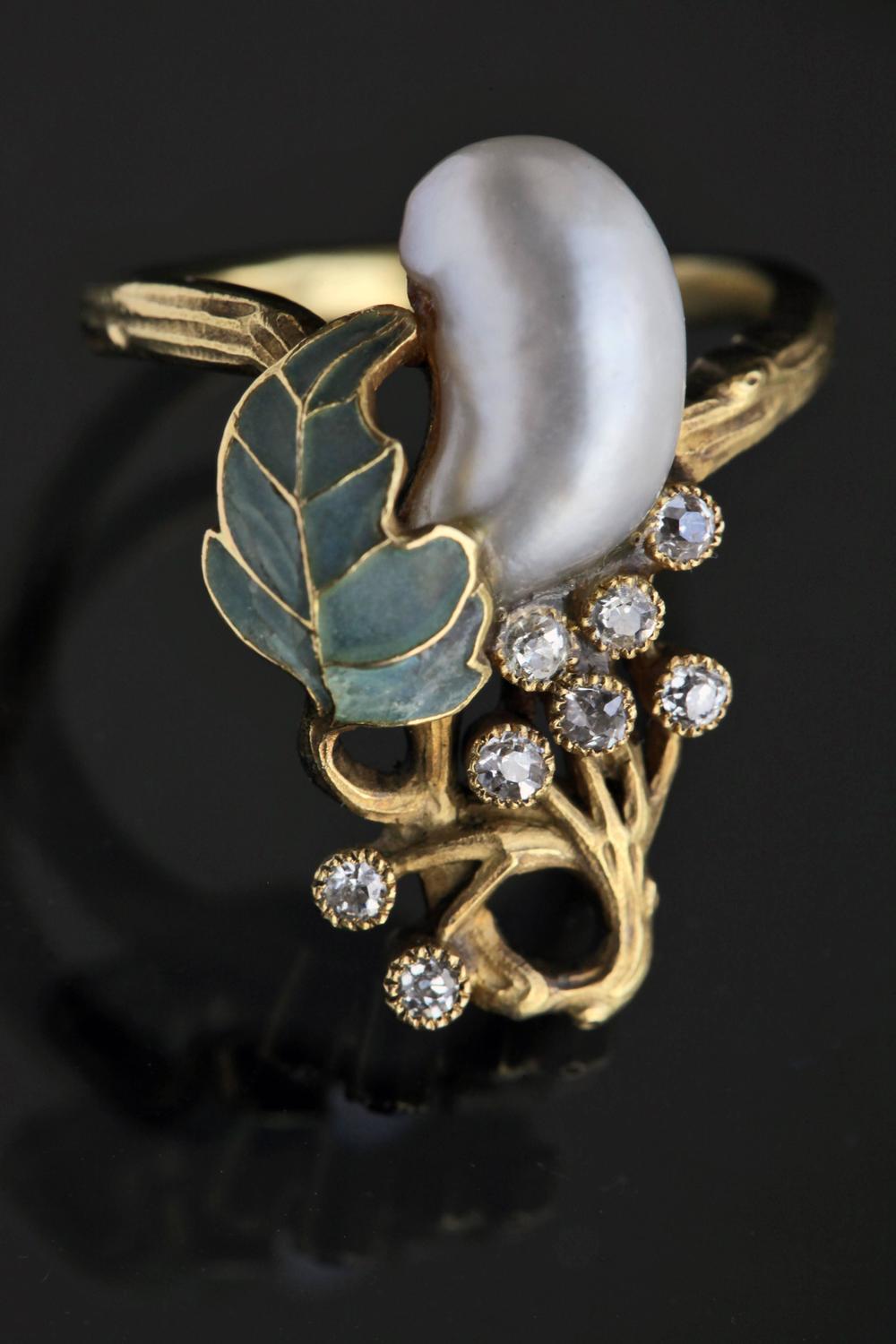 Art Nouveau Diamond Pearl Gold Plique A Jour Enamel Ring For Sale At 1stdibs