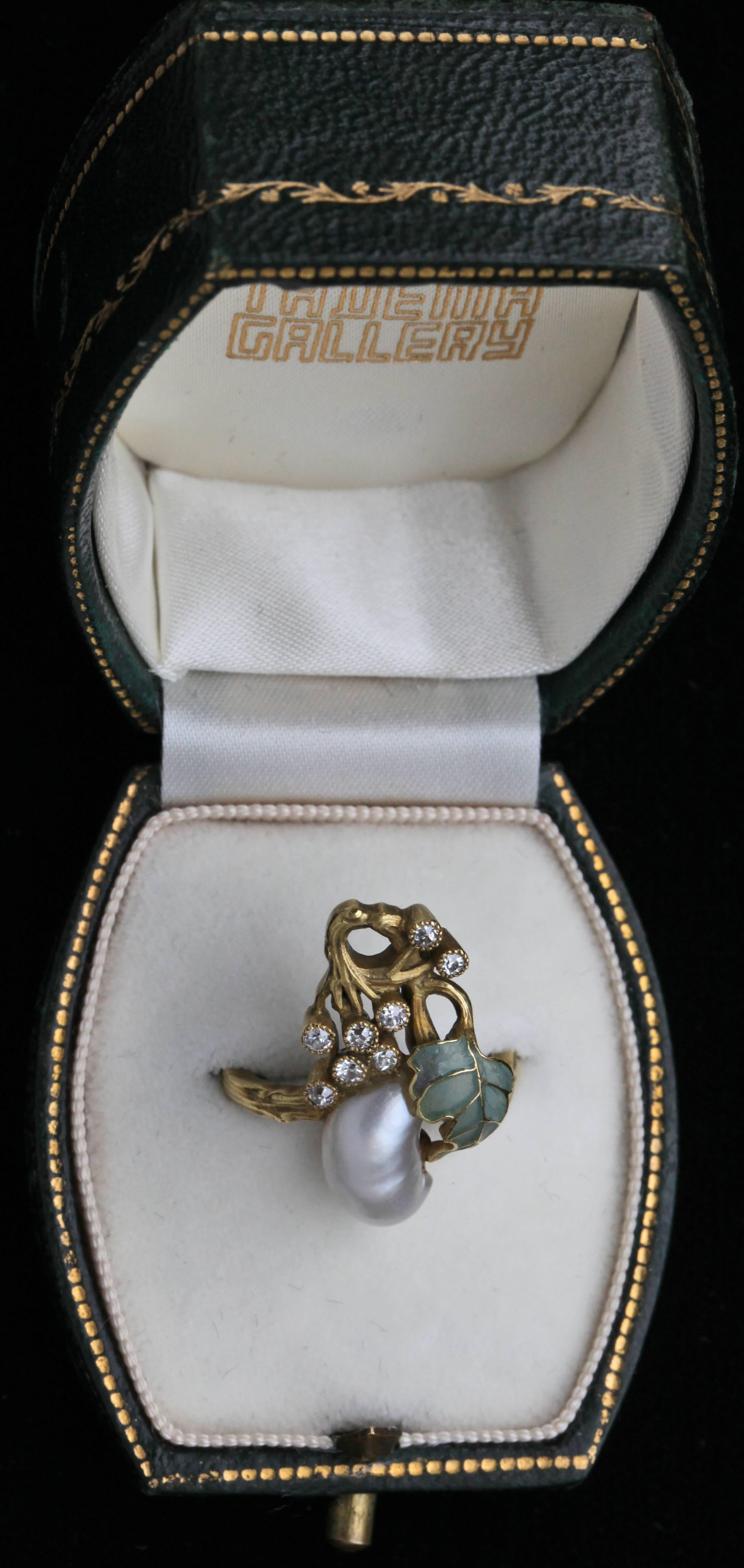 Women's GEORGES LE TURCQ Art Nouveau Diamond Pearl Gold Plique-À-Jour Enamel Ring For Sale