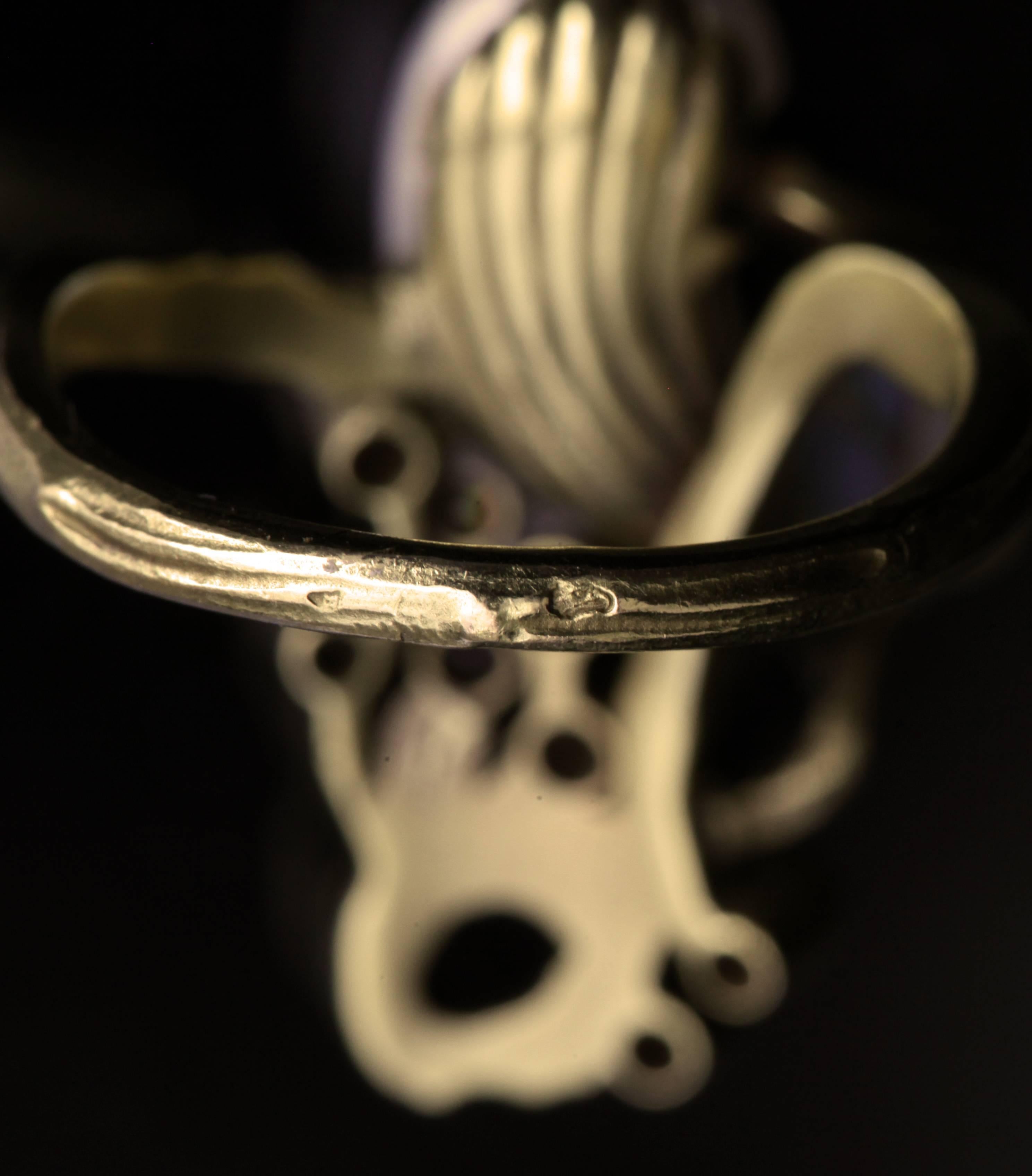 Old European Cut GEORGES LE TURCQ Art Nouveau Diamond Pearl Gold Plique-À-Jour Enamel Ring For Sale