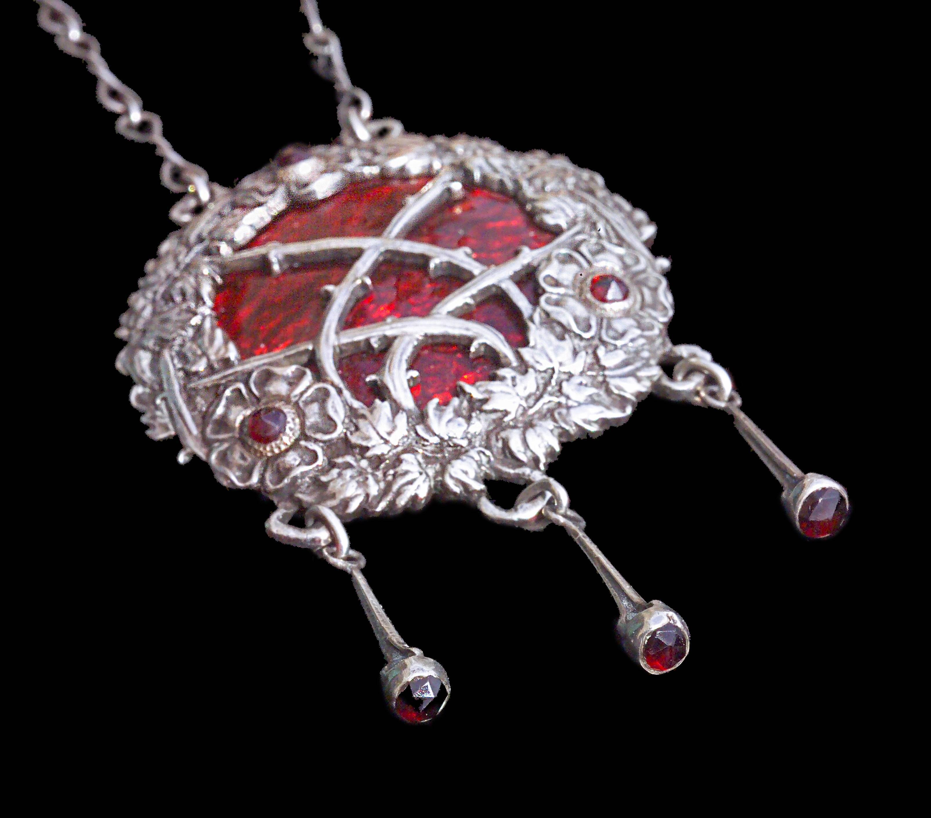 Beautiful Briar Rose pendant in silver, enamel & garnet. The three drops are also set with Victorian cut garnets 