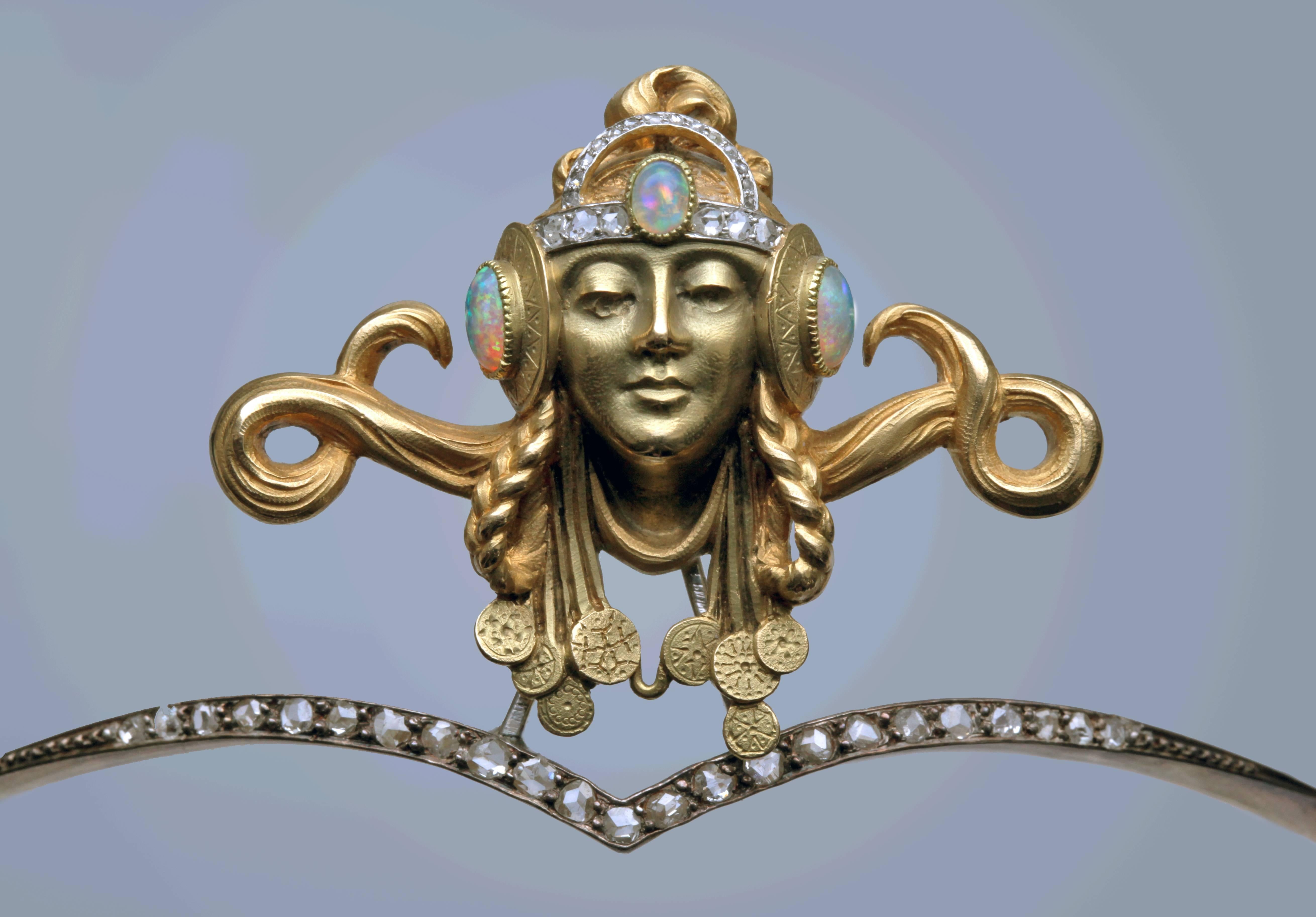 Byzantinisches Prinzessinnen-Diadem / Tiara, Jugendstil, Opal Diamant Gold (Alteuropäischer Schliff) im Angebot