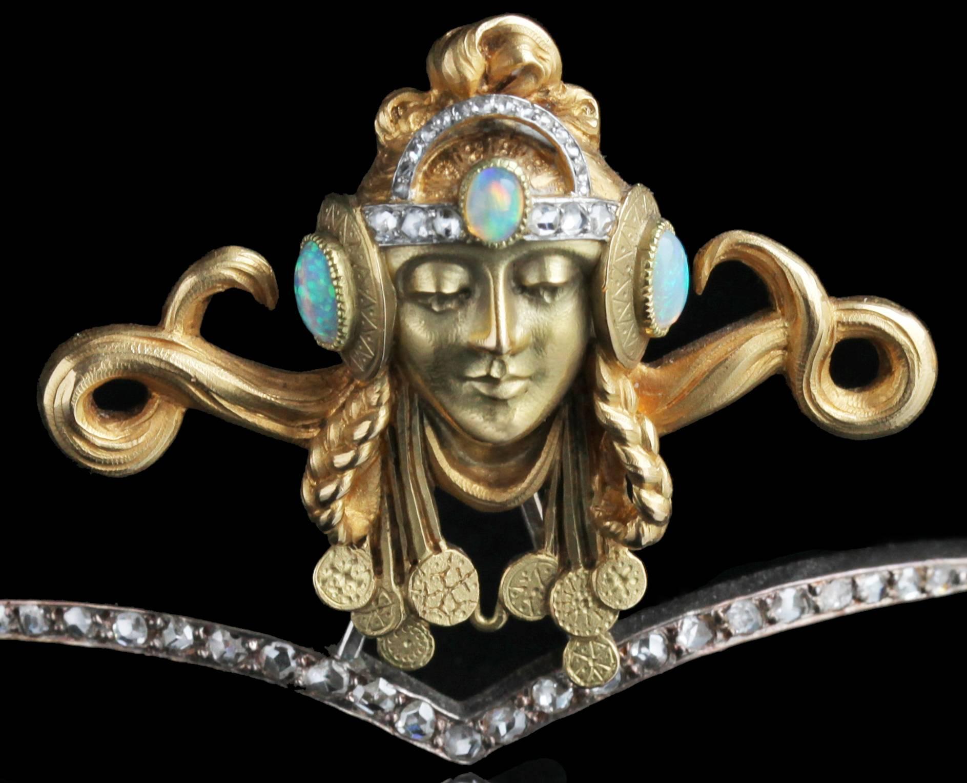 Art Nouveau Opal Diamond Gold Byzantine Princess Diadem Tiara In Excellent Condition For Sale In London, GB