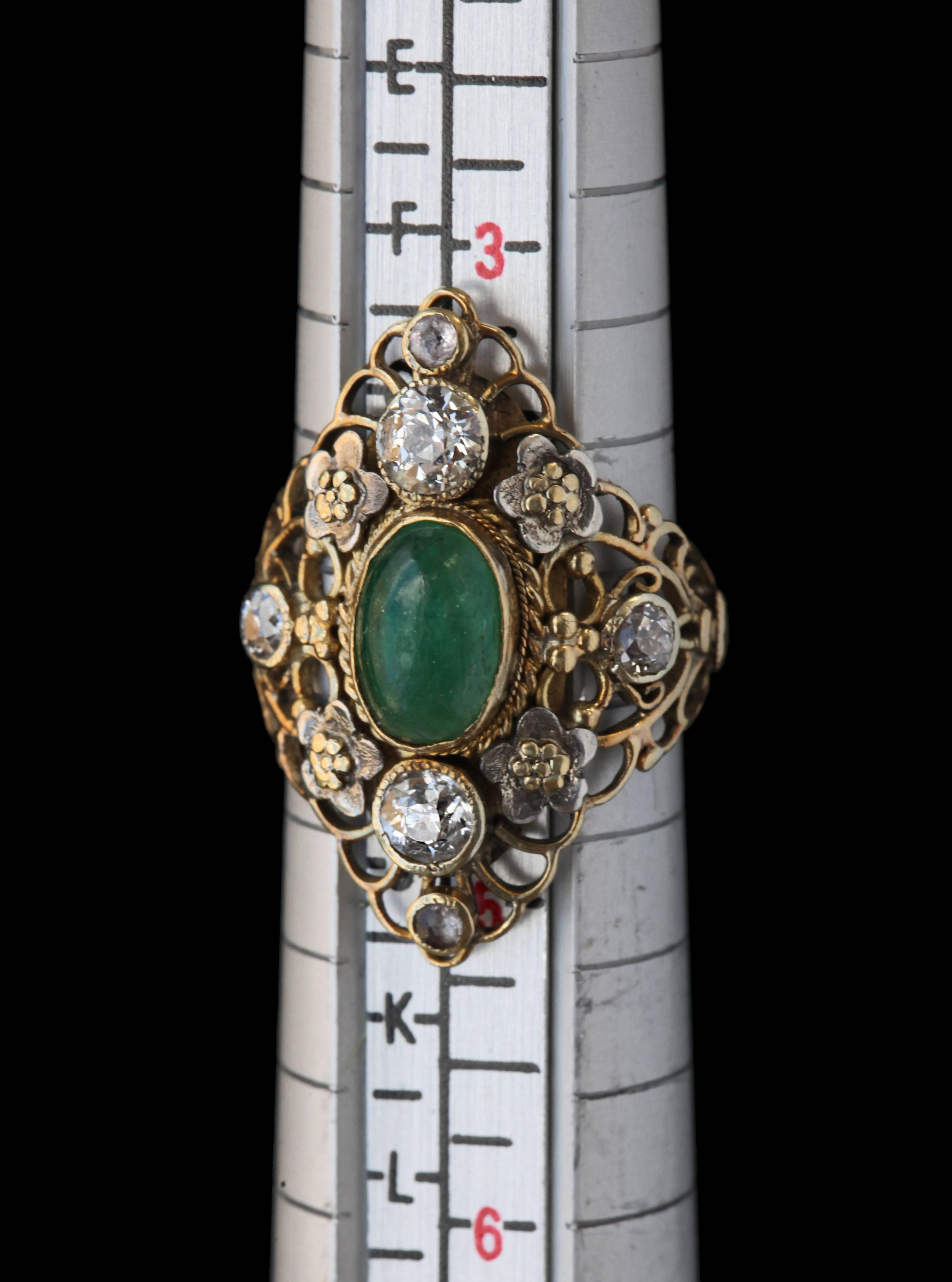 Old European Cut Arthur & Georgie Gaskin Superb Emerald Diamond Arts and Crafts Ring For Sale