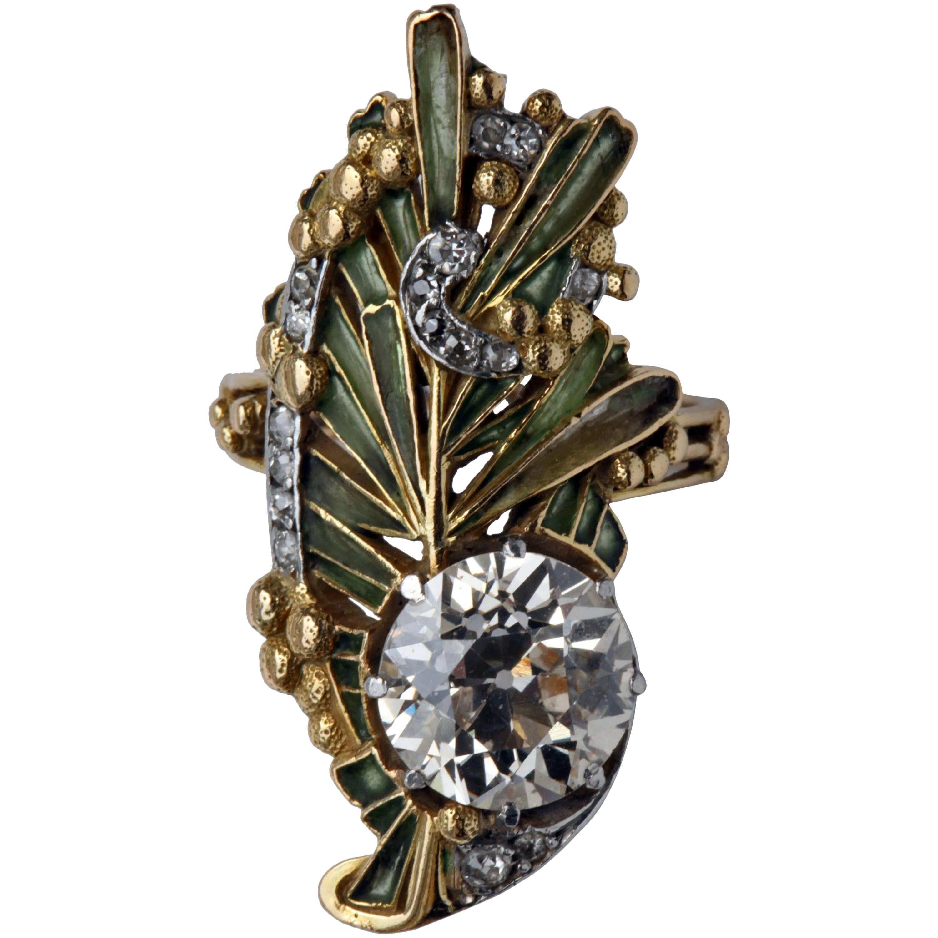 Magnífico Anillo de Oro con Diamantes Plique-a-Jour Art Nouveau