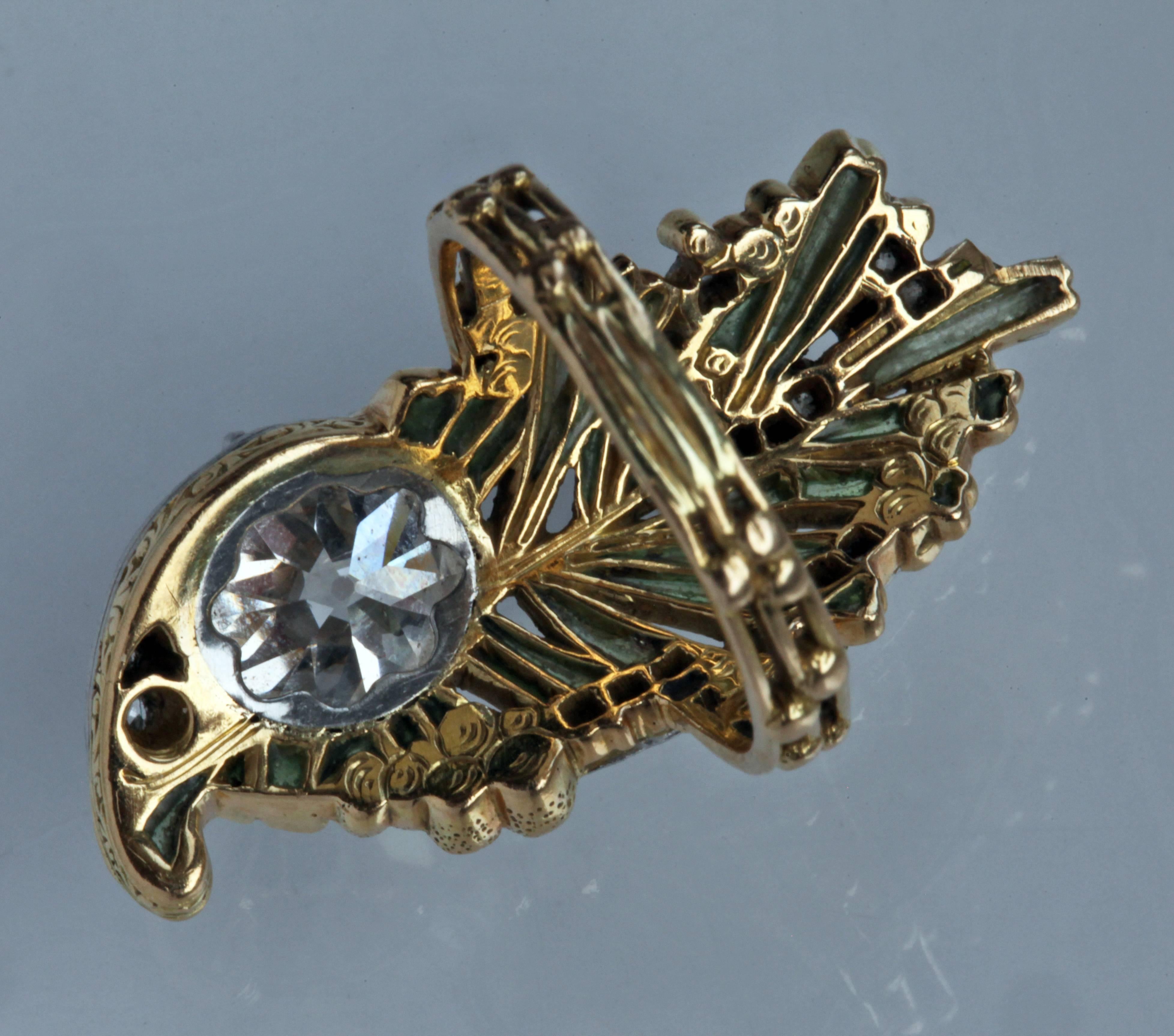 Brilliant Cut Magnificent Art Nouveau Plique-a-Jour Diamond Gold Ring For Sale