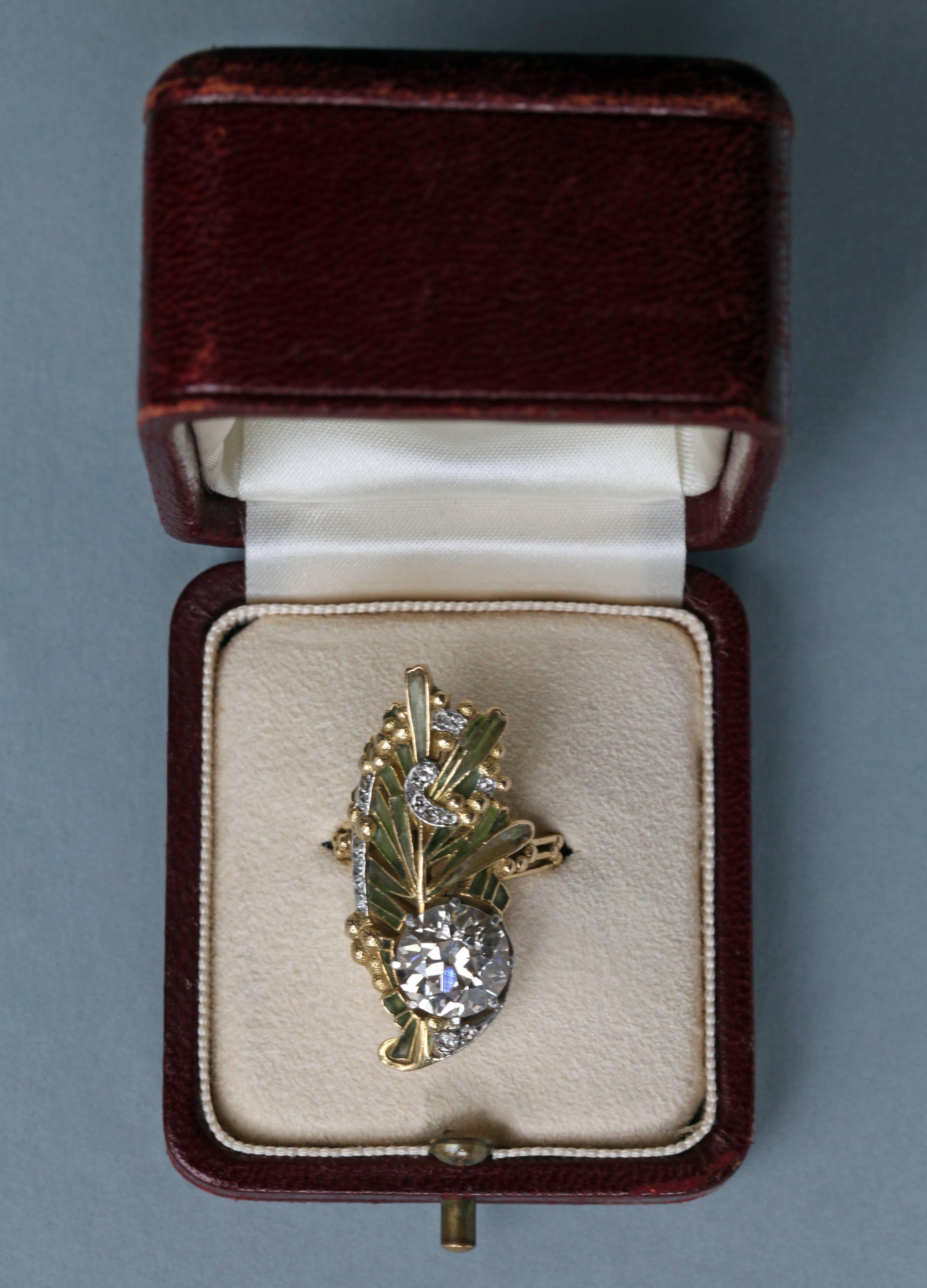 Women's Magnificent Art Nouveau Plique-a-Jour Diamond Gold Ring For Sale