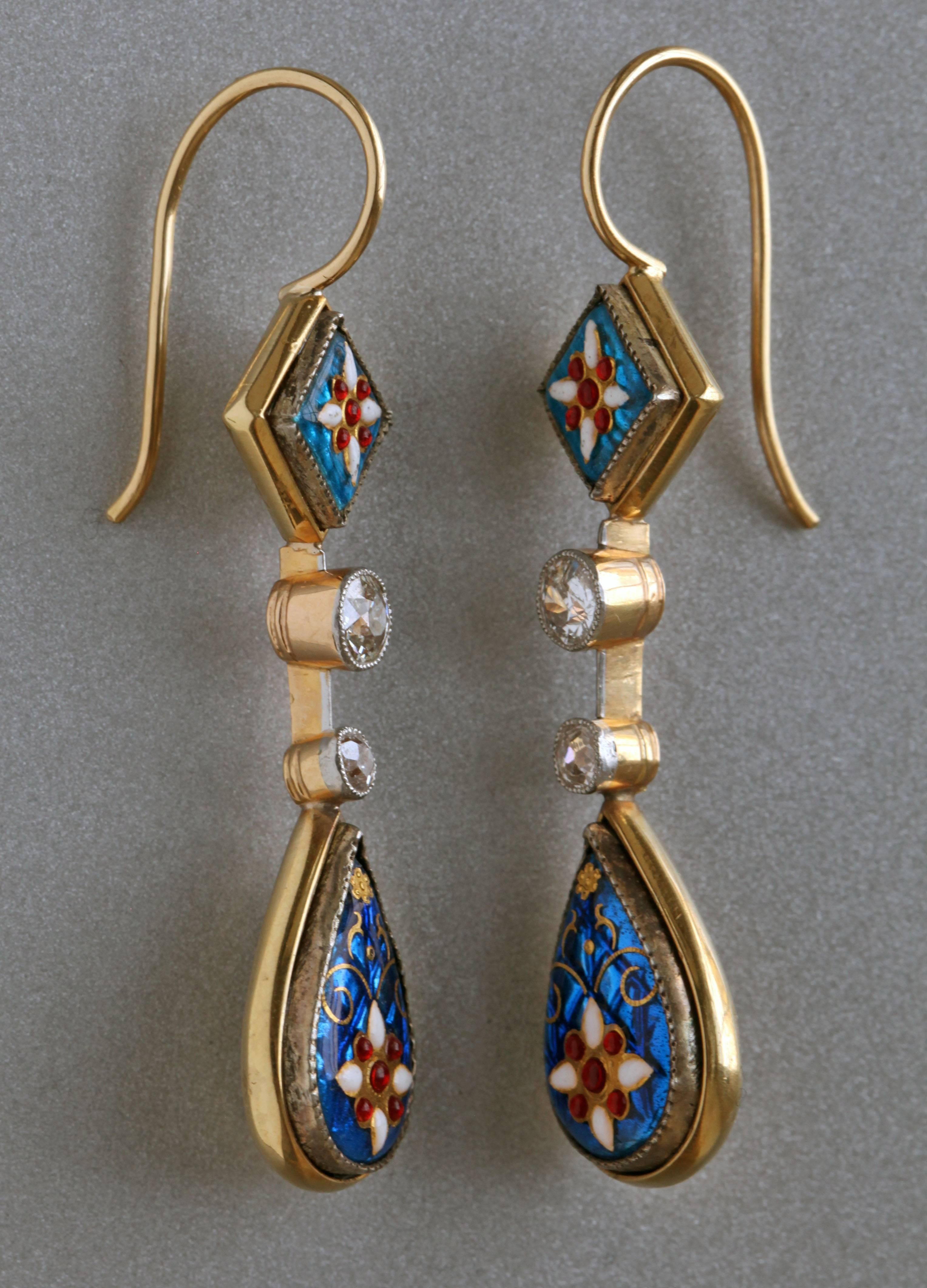 Belle Époque Antique Bresse Enamel Diamond Gold Earrings